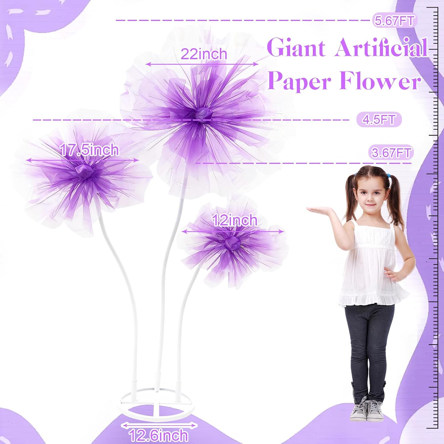 WARMALL 3PCS Giant Flowers for Decoration, 5.9Ft Large Artificial Silk Flower with Stems and Stands, Wedding Party Banquet Graduation Home Garden Shop Window Photography Props Background Decor（Purple）