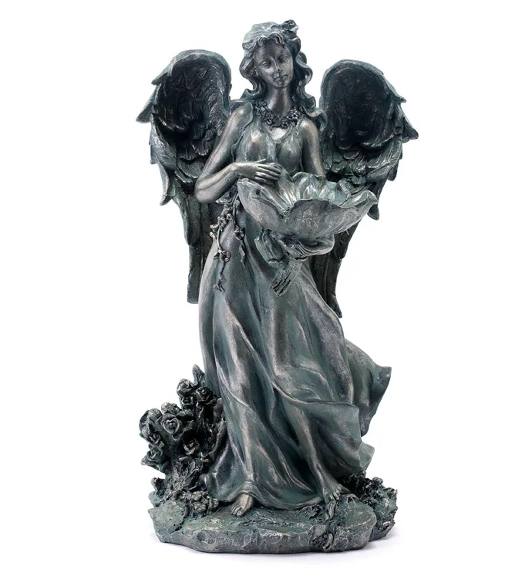 Napco Flower Angel Bird Feeder Bath 17.5 x 10.5 x 10 inches Blue and Bronze Resin Stone Collectible Figurine Statue Sculpture, Indoor Outdoor Garden Décor