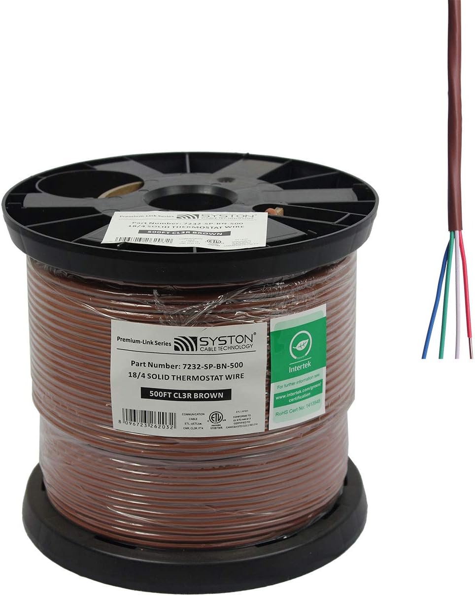 Syston Cable Technology 18/4 Solid, HVAC-Thermostat UL/ETL CL3R/CMR/FT4, 18AWG 4 Pure Copper Conductors, Indoor/Outdoor UV Resistant RoHS Brown 500ft Spool
