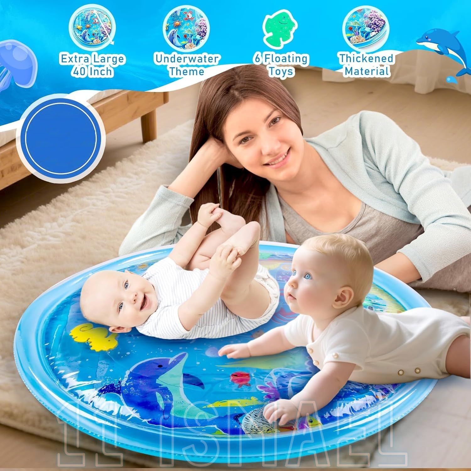 11 Ismael Extra Large Tummy Time Water Mat for Babies, Baby Water Blue Play Mat for Sensory Development, Inflatable Mat Toys for Babies Toddlers 3 6 9 12 Months, (1Pcs) 2