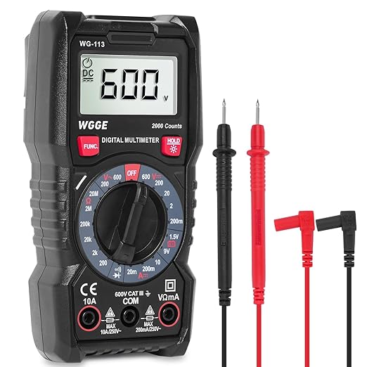 WGGE Digital Multimeter with Case, DC AC Voltmeter, Ohm Volt Amp Test Meter and Continuity Test Diode Voltage Tester for Household Outlet, Automotive Battery Test (Anti-Burn with Double Fuses)