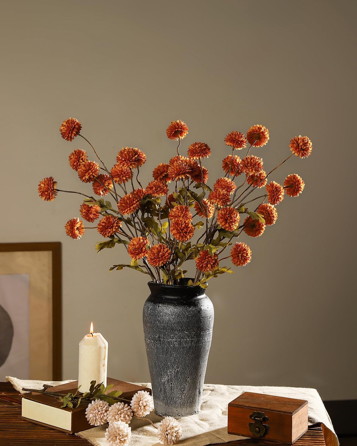 DuHouse 6pcs Artificial Flowers Faux Silk Pompon Mum,Silk Small Mini Chrysanthemum Ball with Stems for DIY Wedding Bouquets Centerpieces Vase Home Table Kitchen Decorations(Burnt Orange) - Image 5