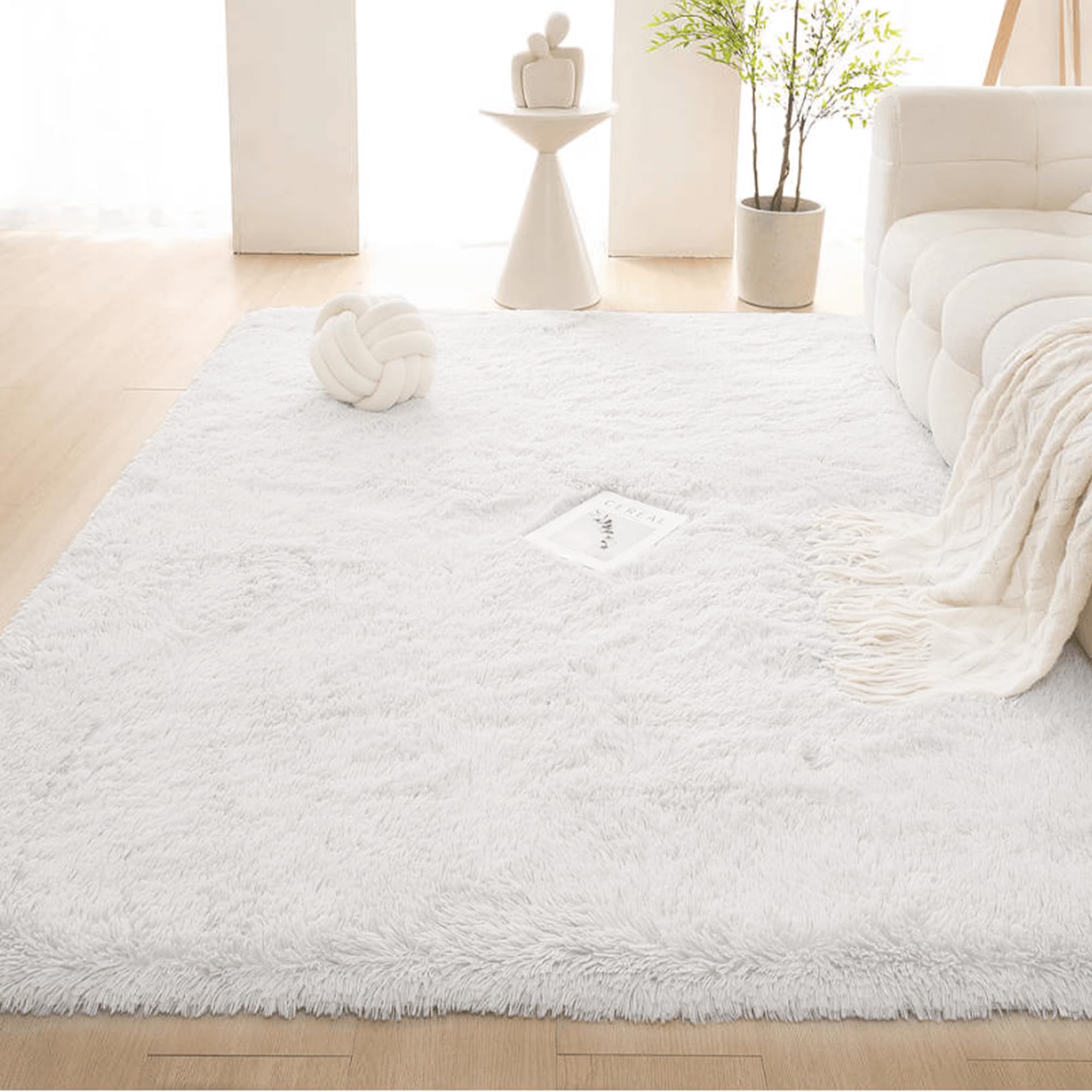 Tapis Moderne 200 x 240 cm Pelucheux Tapis Ultra Doux Extra Large, Moelleux et Moderne pour Chambre avec Dessous Antidérapant, Blanc