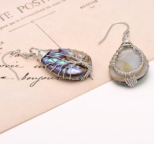 Miniatura 4 de Handmade Teardrop Abalone Shell Dangle Earrings for Women, Wire Craft Tree of Life Earrings