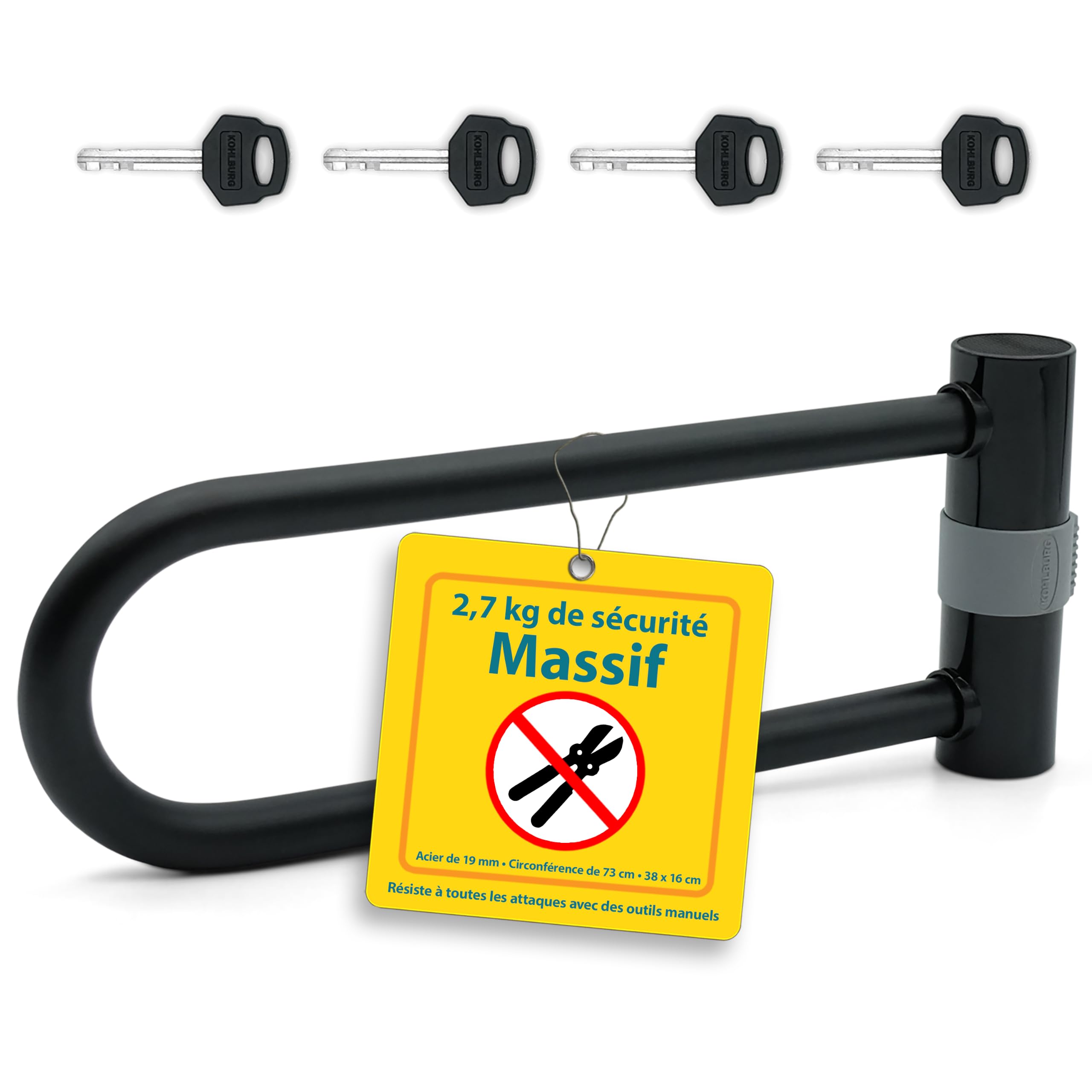 KOHLBURG Antivol en U de haute sécurité niveau 15+, Acier spécial 19 mm | Extrêmement sûr et 2,7 kg massif - Antivol pour moto, scooter, vélo électrique & vélo - U‑Lock vélos électriques & motos