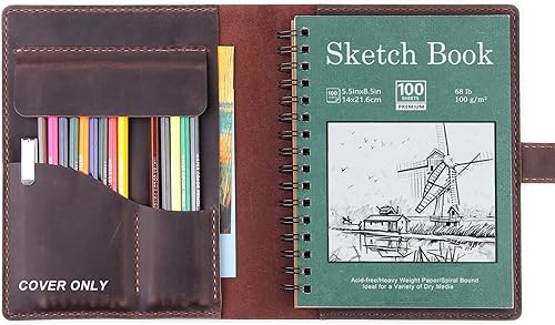 Miniatura 14 de Robrasim Funda de cuero hecha a mano para cuaderno de bocetos de 5.5 x 8.5 pulgadas, cuaderno de dibujo y estuche para lápices, cartera de cuadernos