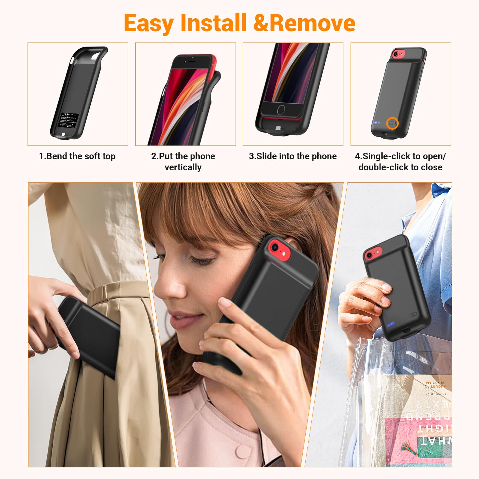 Akkuhülle für iPhone 8/7/6s/6/SE 3/SE 2 (2022/2020) (4.7 Zoll), 7000mAh Tragbare Ladebatterie Zusatzakku Externe Handyhülle Batterie Wiederaufladbare Schutzhülle mit Panzer Schutz Glas Folie