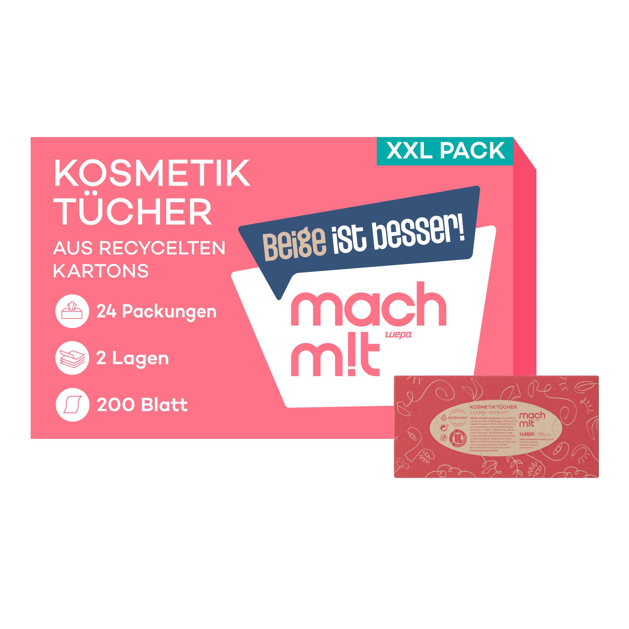 machm!t Kosmetiktücher 2-lagig - 4.800 Stk. - 24 Boxen mit 200 Tücher – ungebleicht - aus recyceltem Karton - weich & nachhaltig – Made in Germany – 100% recycelbar - Großpackung mit 24 Packungen