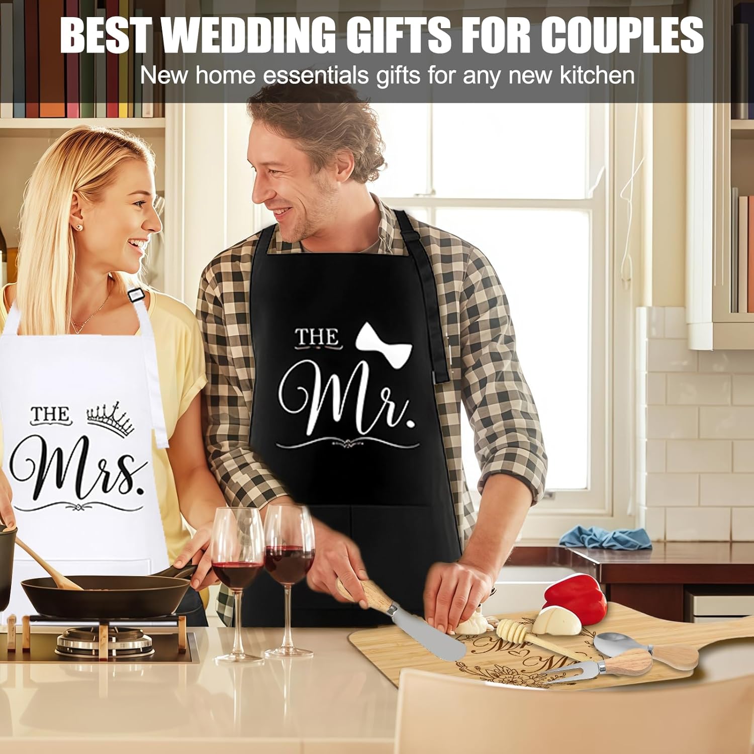 Mr & Mrs Apron Gift Set for Couple Newlyweds Kitchen Gift Cutting Board, Microwave Mitt, Mat, Cheese Knife His Hers Husband and Wife Gift Wedding Anniversary Bridal Shower Engagement Gift
