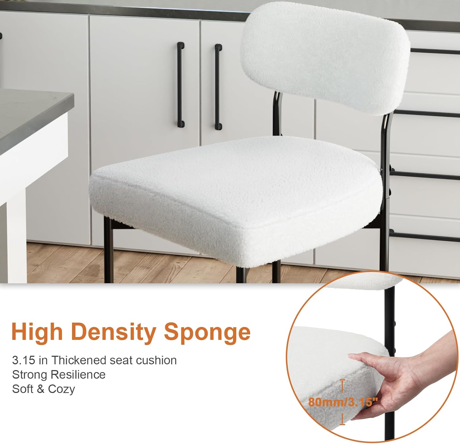 HOMMPA 26'' Bar Stools Set of 3 Boucle Counter Height Barstools Set Upholstered Modern Bar Stools Chairs with Back Metal Legs for Kitchen Island Counter White