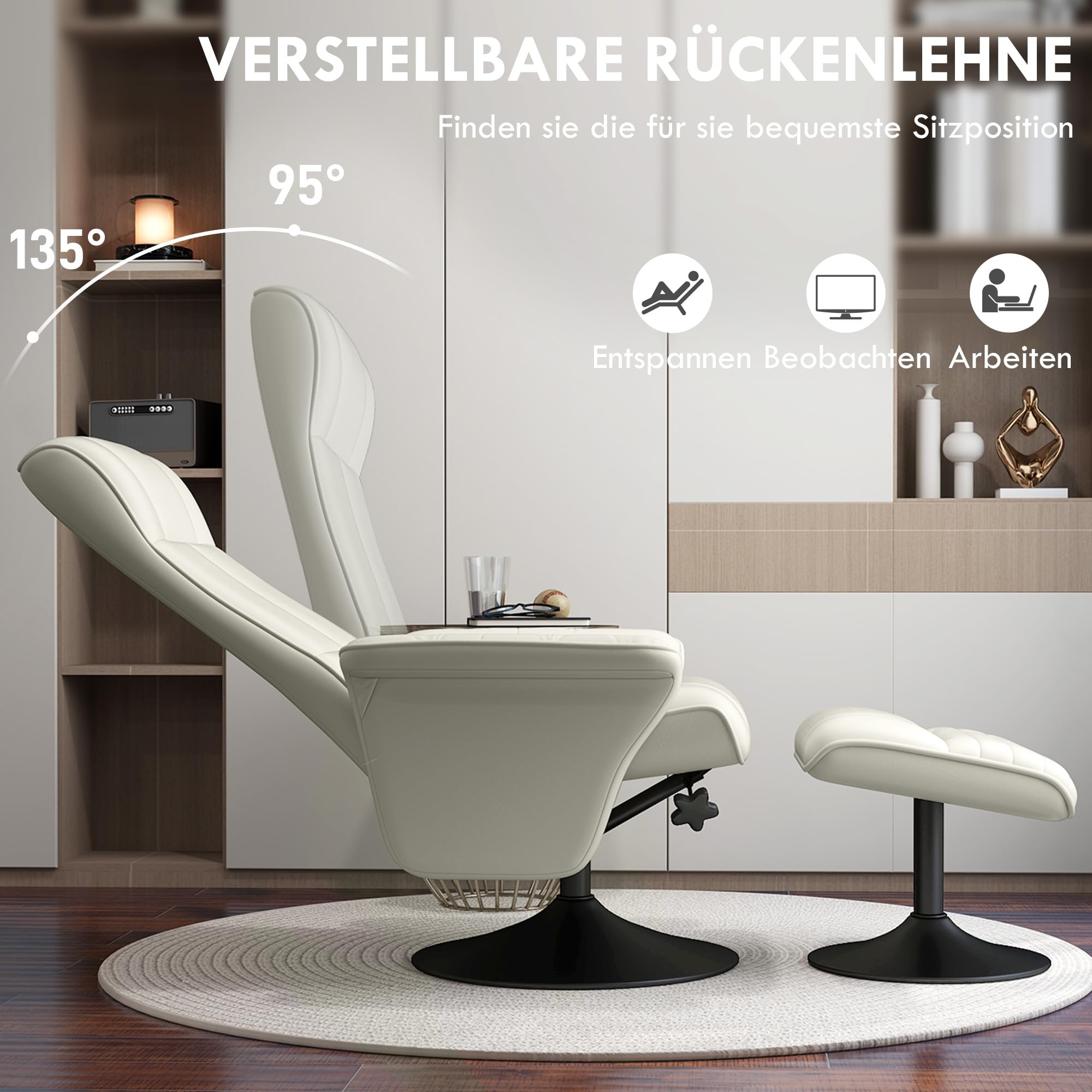 HOMCOM Fauteuil Relax Avec Pouf Fauteuil TV Pivotant Avec Fonction Chaise Longue, Fauteuil TV Pouvant Supporter Jusqu'à 150 Kg, Chaise Longue Pour Salon, Chambre à Coucher, Tissu Microfibre, Blanc