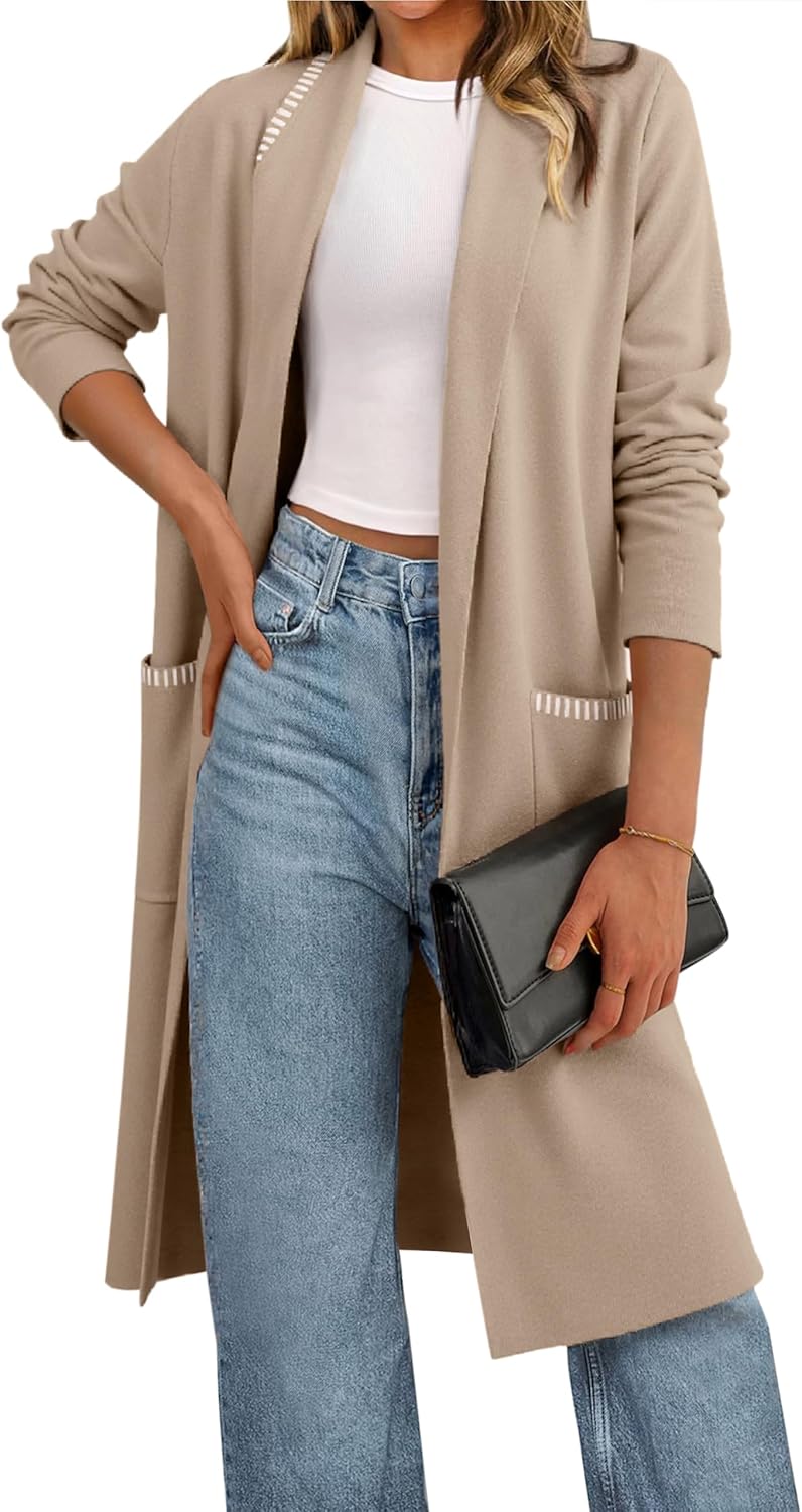 Simplee Women's Open Front Fall Cardigan Sweater Oversized Lapel Coatigan Knit Long Outwear Coat with Pockets