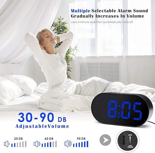Miniatura 4 de Plumeet Reloj despertador digital LED con atenuador de brillo ajustable y volumen de alarma, pantalla de dígitos azules de 12 a 24 horas, relojes