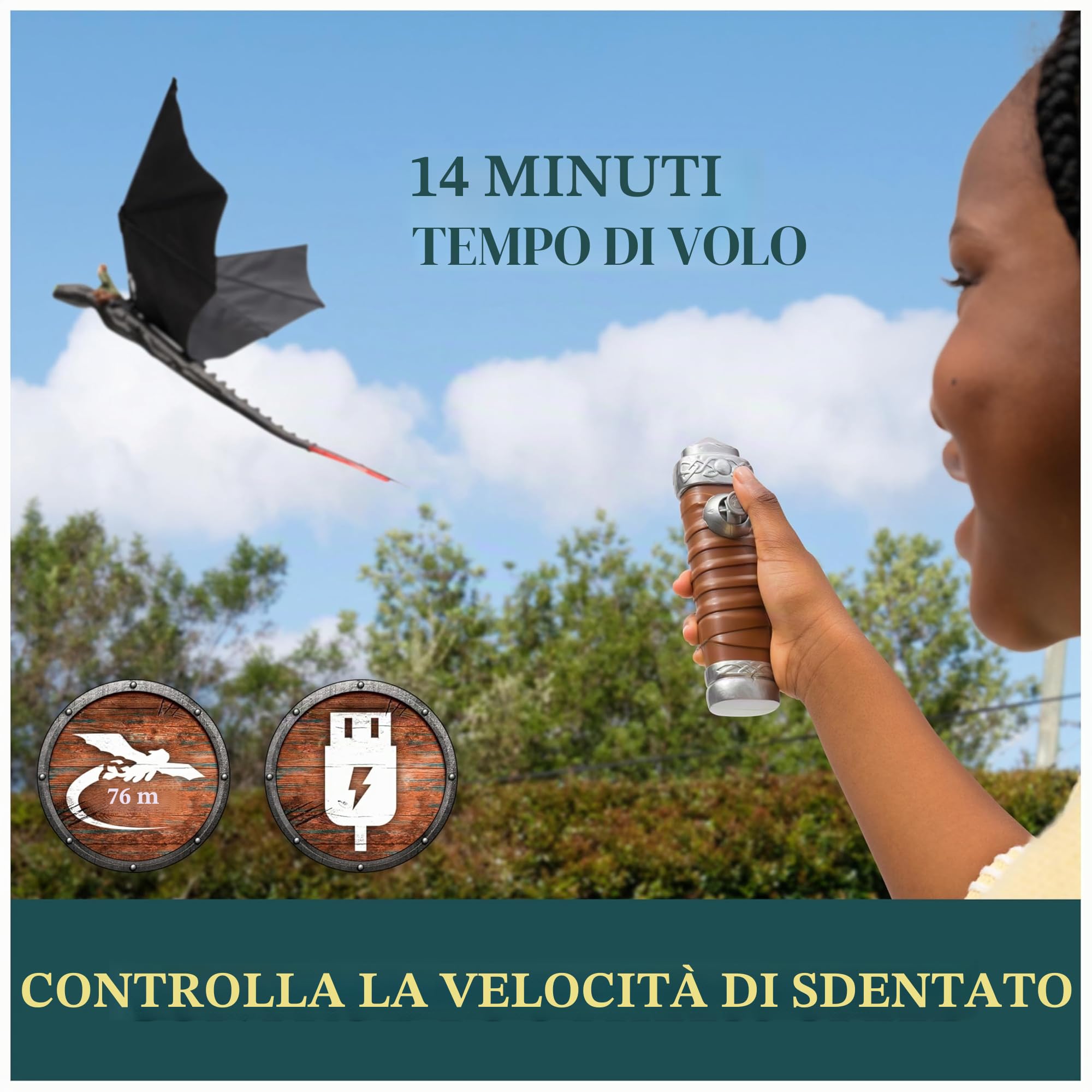 Dreamworks Dragons - How To Train Your Dragon - Statuetta volante Krokmou 76 cm - Figura radiocomandata con ali che battono e coda regolabile - Movimenti realistici - Giocattolo per bambini 4 anni e +