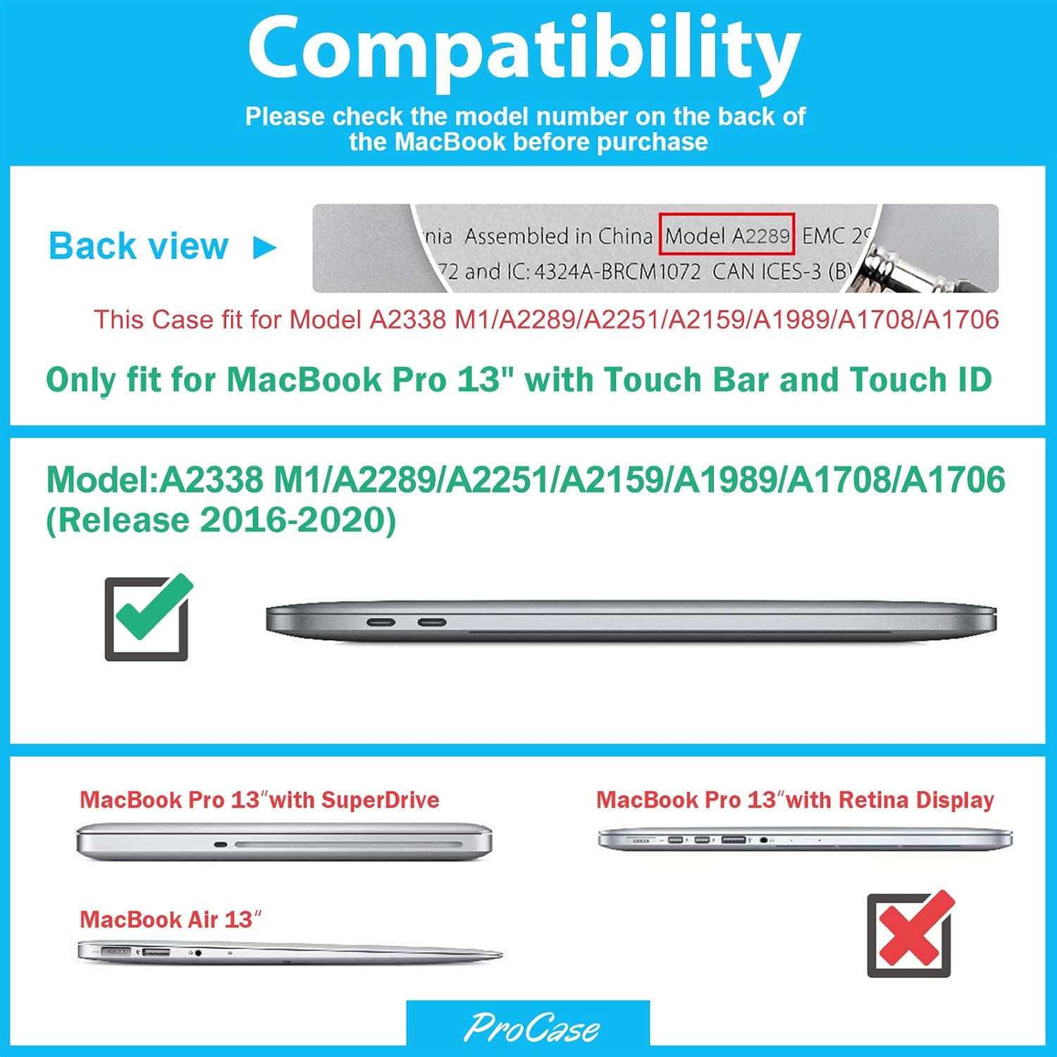ProCase MacBook Pro 13 inch Case 2022 M2 2020 2019 2018 2017 2016 Release A2338 M1 A2289 A2251 A2159 A1989 A1706 A1708, Hard Case Shell Cover for MacBook Pro 13 inch with/Without Touch Bar -Black