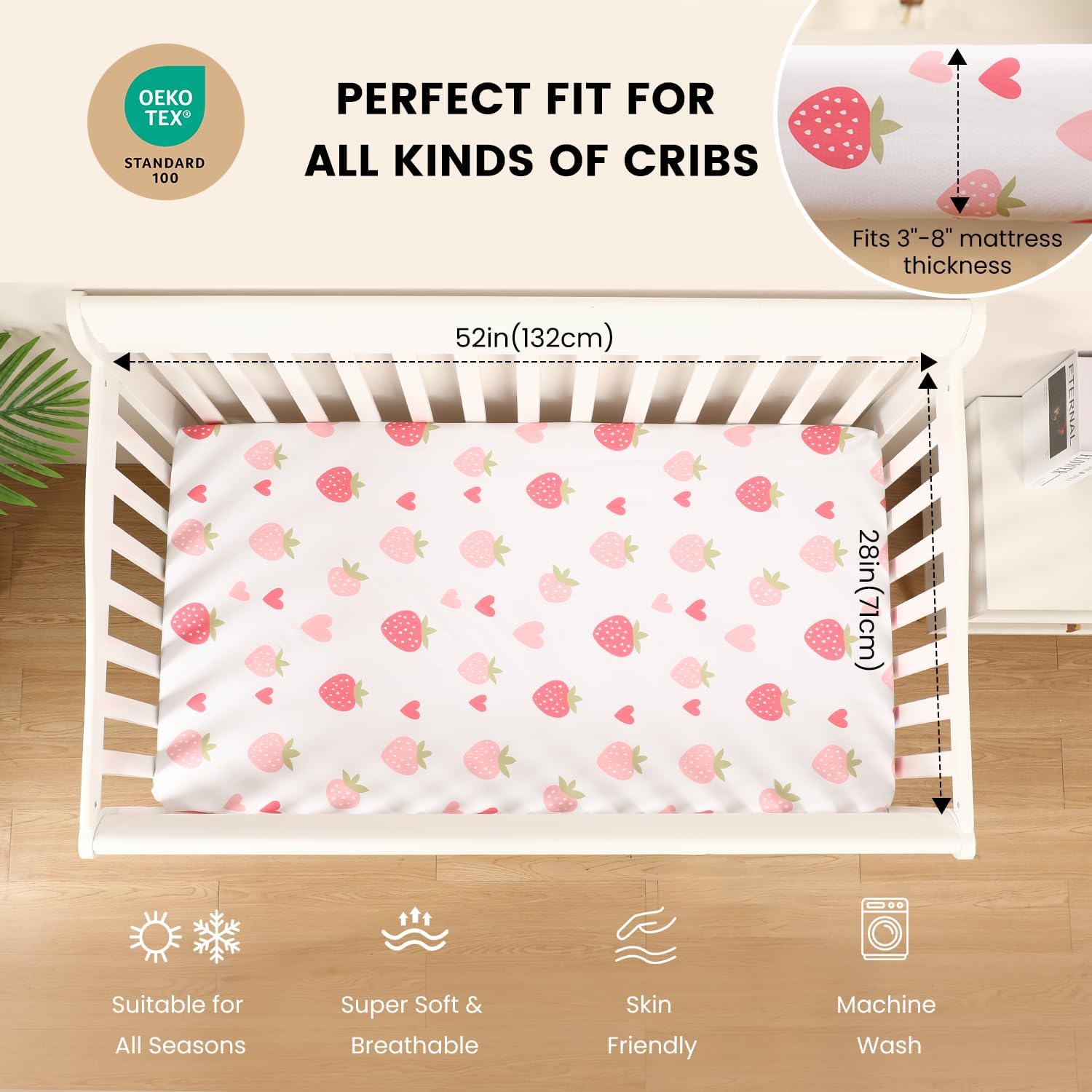 Baby Crib Sheets Girl, Toddler Bed Sheets Fitted for 52x28 Inch Standard Crib Mattress for Baby Girls, Set of 2 Super Soft Breathable Microfiber (Strawberry+Pink, 52x28 Inch (Pack of 2)) - Image 2