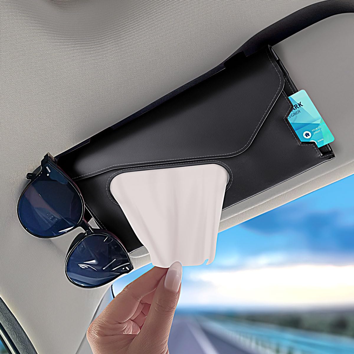 Murimt Multifunctional Visor Tissue Holder for Car Kleenex Napkin Holder Car Tissue Dispenser Leather Tissue Box for Car Interior Accessories Sunglasses Holder and Ticket Card Clip