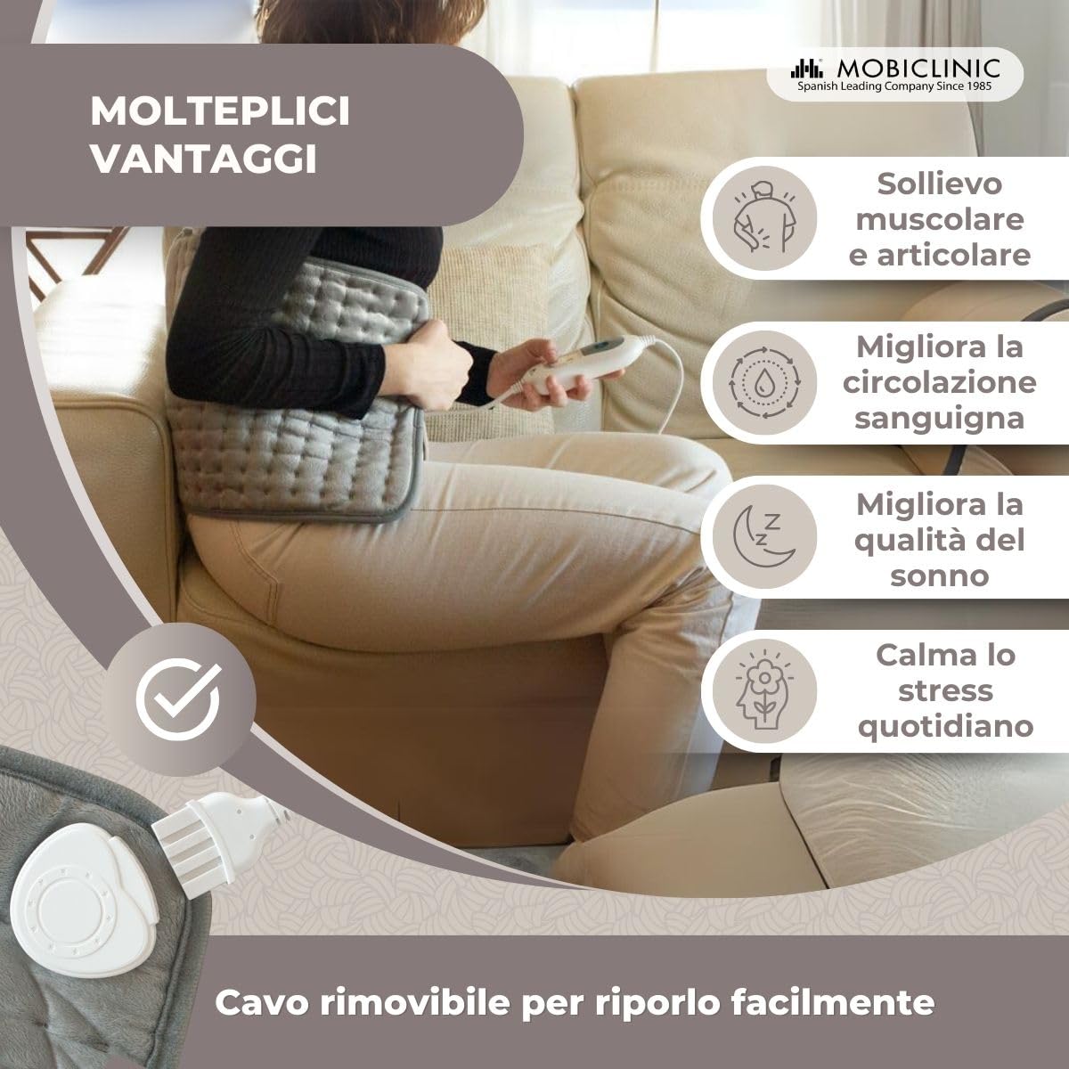 Mobiclinic, Cuscino riscaldato, Coperta riscaldata, 3 livelli di calore, Basso consumo energetico, Spegnimento automatico, Potenza 100w, Tappetino, Marchio spagnolo, Zona lombare, 40x30 cm