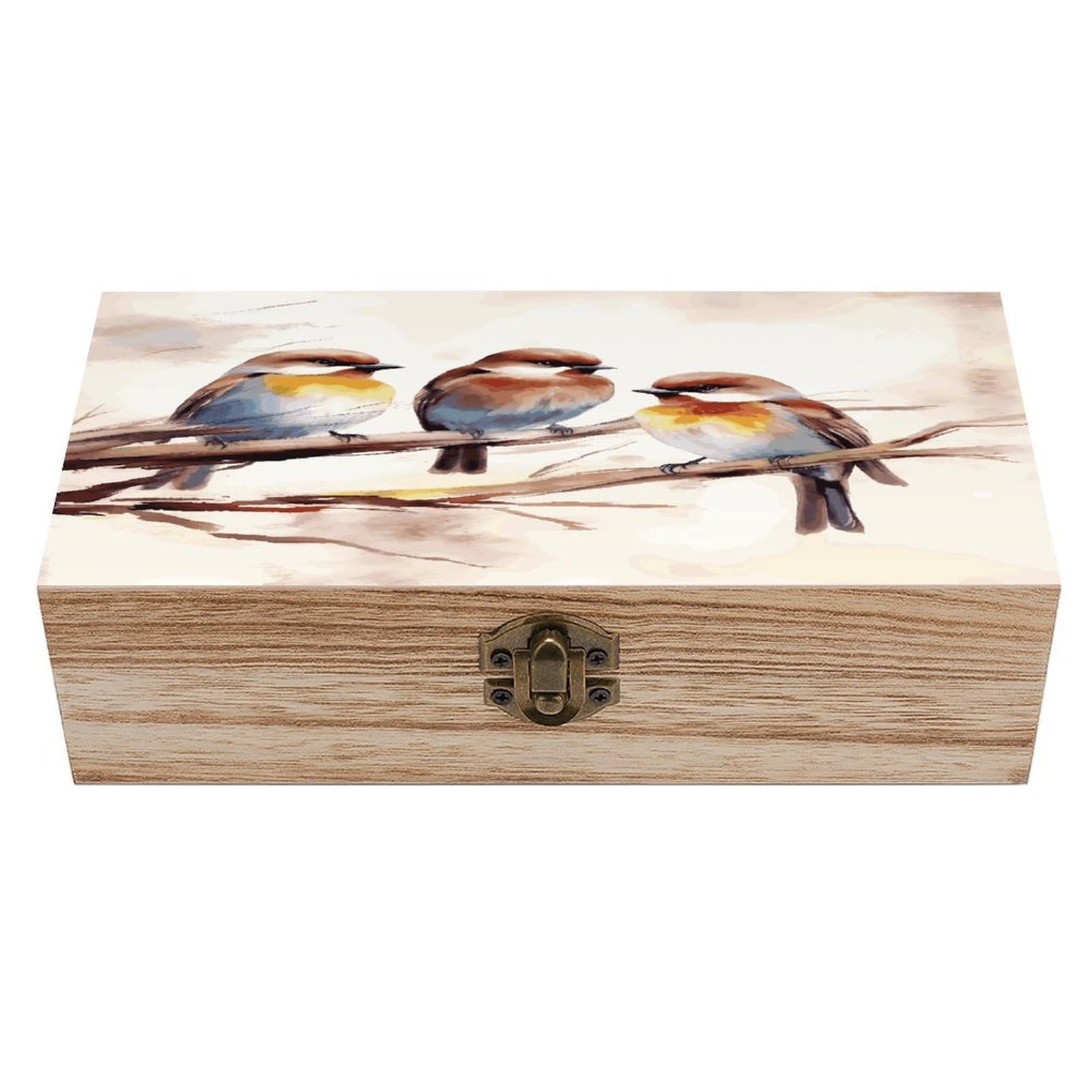 FekiLoot Birds Resting on Tree Branch Wooden Storage Box Rustic Jewelry Box with Hinged Lid Large Jewelry Storage Case Beautifully Keepsake Boxes Unique Gift Ideas for Men & Women
