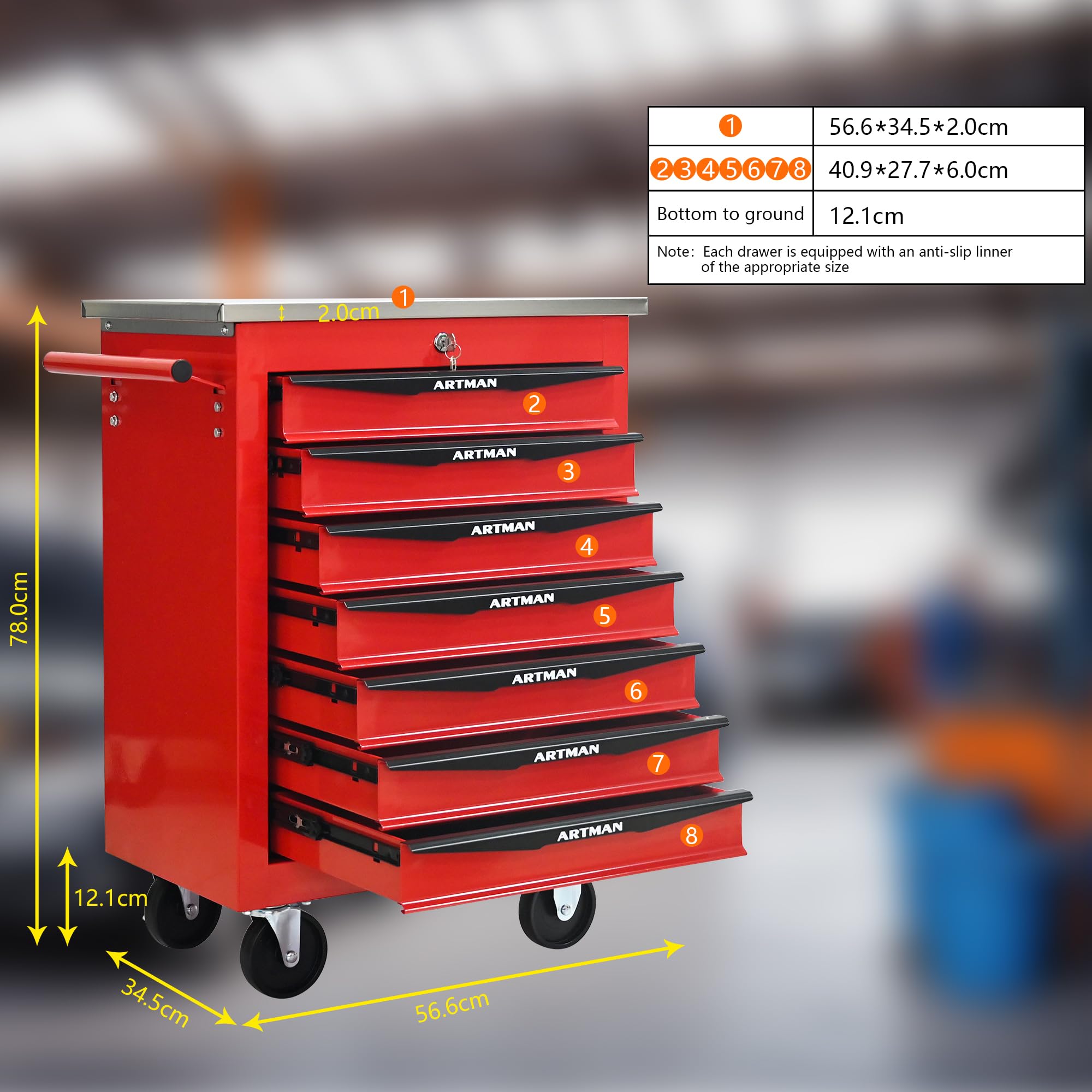 Generisch Carrello portautensili a 7 cassetti in metallo con scivolo a sfera, 4 ruote e serratura a chiave, ideale per garage e officina (56,6 x 34,5 x 78,0 cm, rosso e nero)