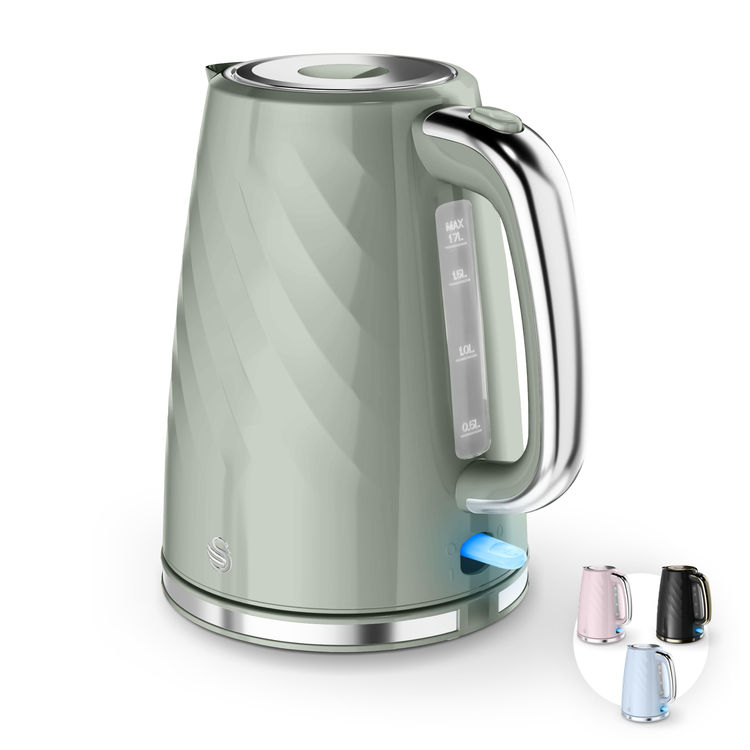 Swan Windsor 1.7L Kettle, Rapid Boil, Push Button Lid, 360 Degree Base, Water Indicator Window, Boil Dry Protection, Anti-Slip Feet, 3kW, Sage Green, SK14611SGE