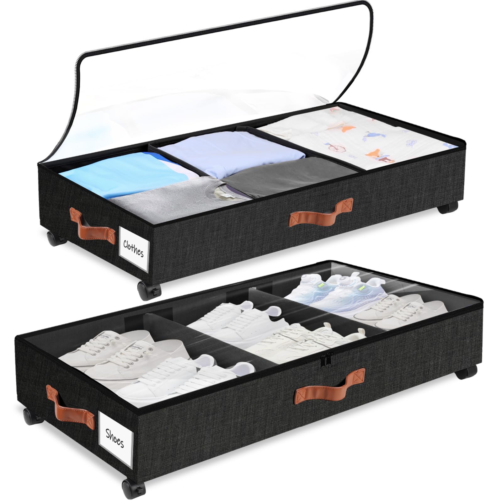 2 Pezzi Contenitori Sottoletto con Ruote, Nero 38L Grande Contenitore Sotto il Letto con Coperchio Finestra Visibile Telaio in Metallo Scatola Sotto Il Letto per Vestiti Giocattoli Coperte
