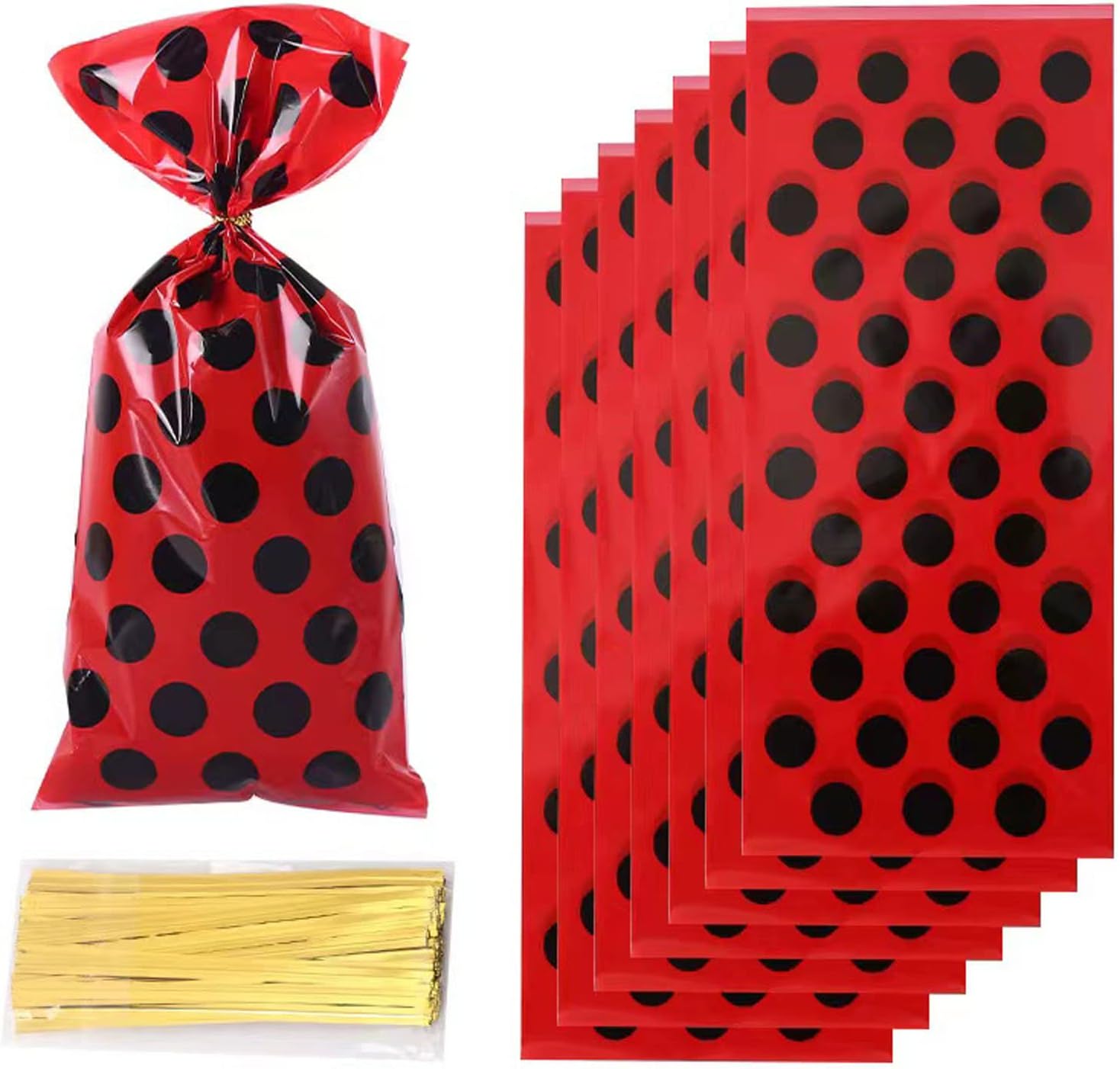 UY 50 Pieces Red Cello Bags Black Polka Dots Cellophane Candy Bags Candy Plastic Favor cellophane Treat Bags for Ladybug Party Bags Birthday Party Supplies