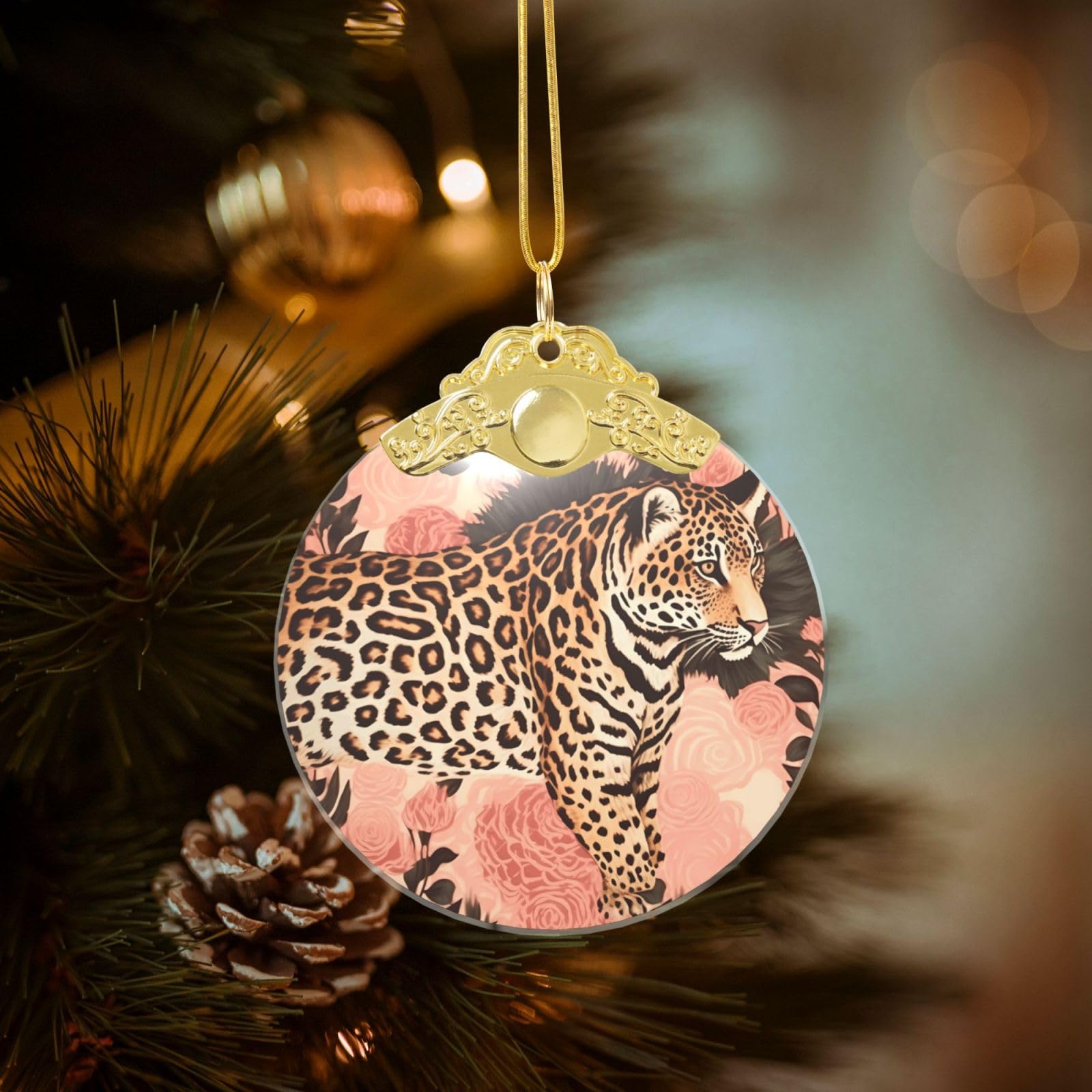 Crystal Christmas Ornaments for Christmas Tree Decoration Hanging Striped Leopard Ornament with Gold Ribbon Crafts Round Pendant for Keepsake Gifts Glass Xmas Decor Party Supplies