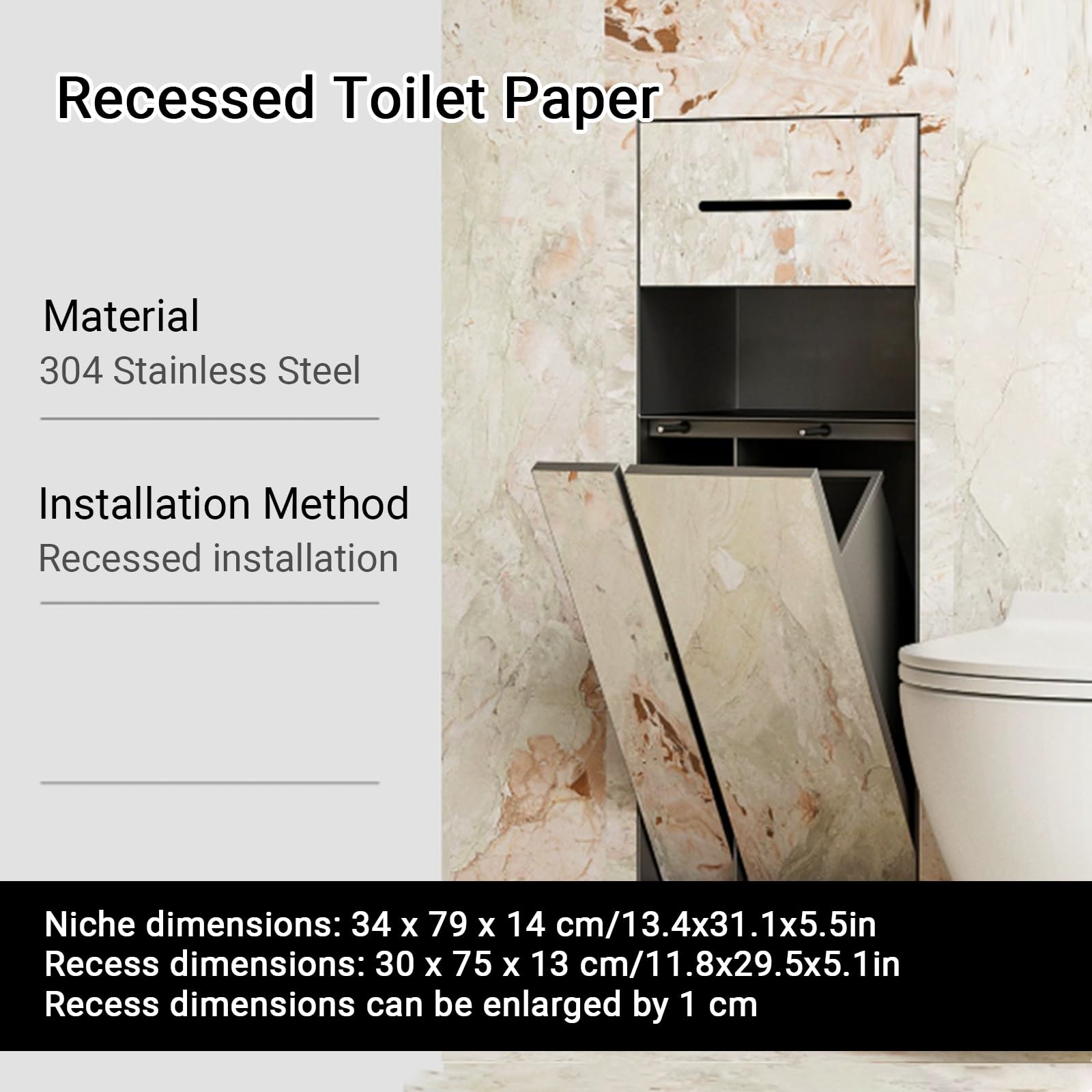 Nicho Oculto para Papel higiénico con Estante y Cubo de Basura, | Con cubo de basura oculto y soporte para papel higiénico,Requiere Panel (no Incluido),para reformas de Pared(Gray,34*79*14cm)