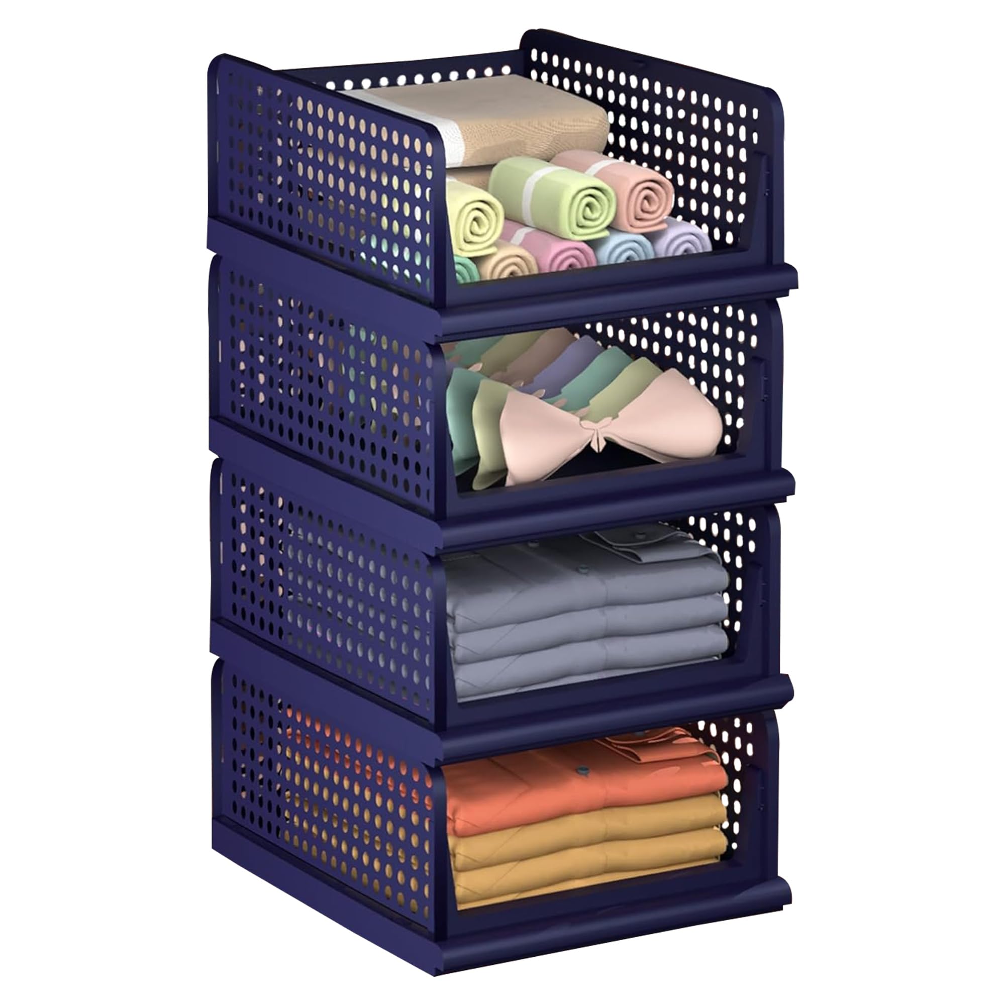 Kuber Industries Pack of 4 Storage Organizer | Plastic Shirt Stacker | Foldable Wardrobe Organizer for Clothes | Cupboard Organizer for Books, Cloth & Toys | Blue (B0D7VGWB6W) Amazon Price History, Amazon Price Tracker