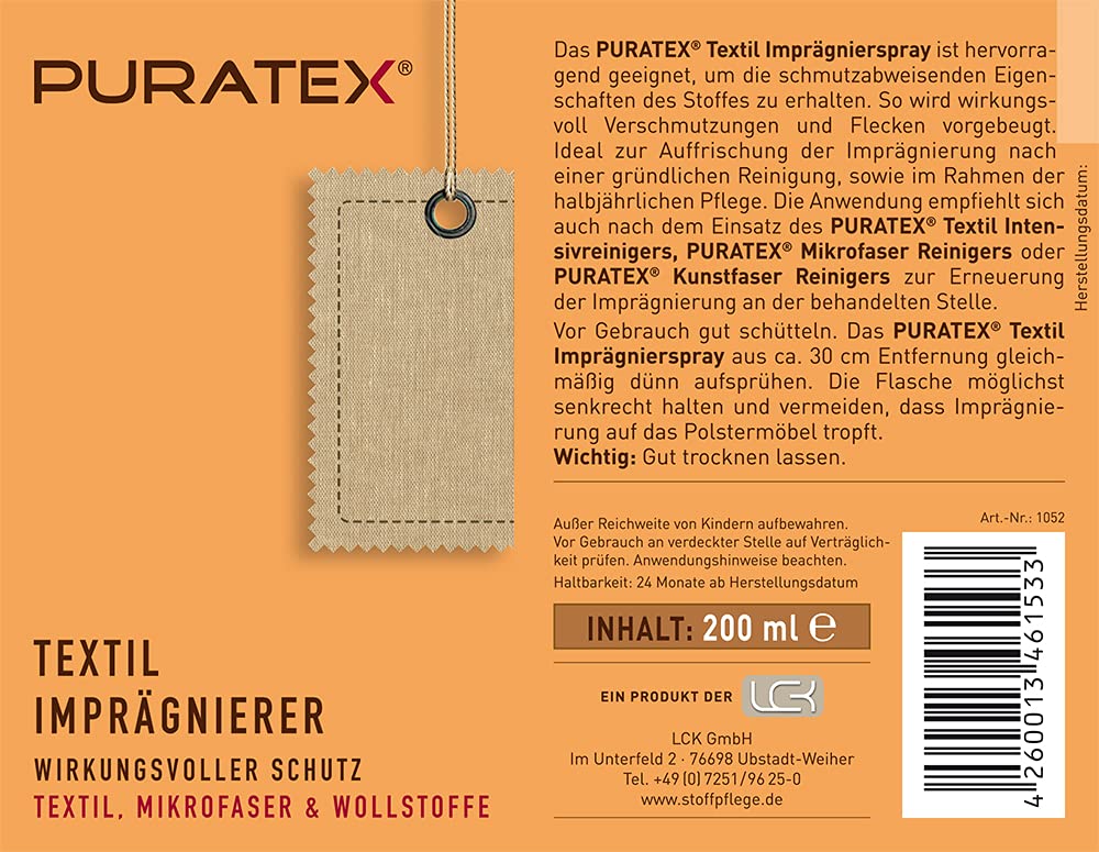 LCK PURATEX impregnat do tekstyliów na meblach i w samochodzie, 200 ml | Do wszystkich tekstyliów
