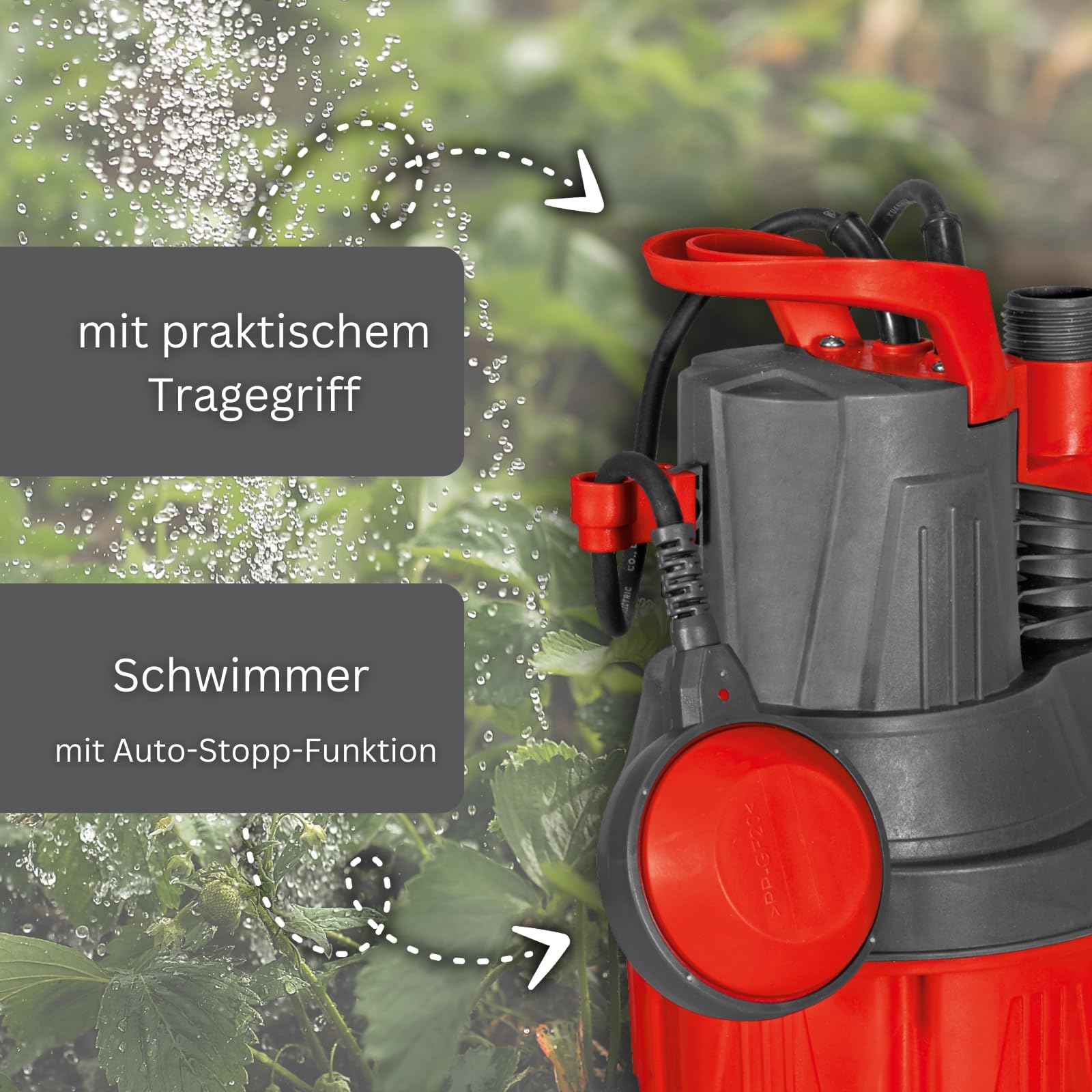 MAUK® Regenfasspumpe 350W 5000 l/h | Tauchpumpe mit integriertem Schwimmer, Wasserhahn, Schlauchanschluss & 10m Kabel | flachsaugend für Gartenbewässerung & Schmutzwasser | Förderhöhe 11m