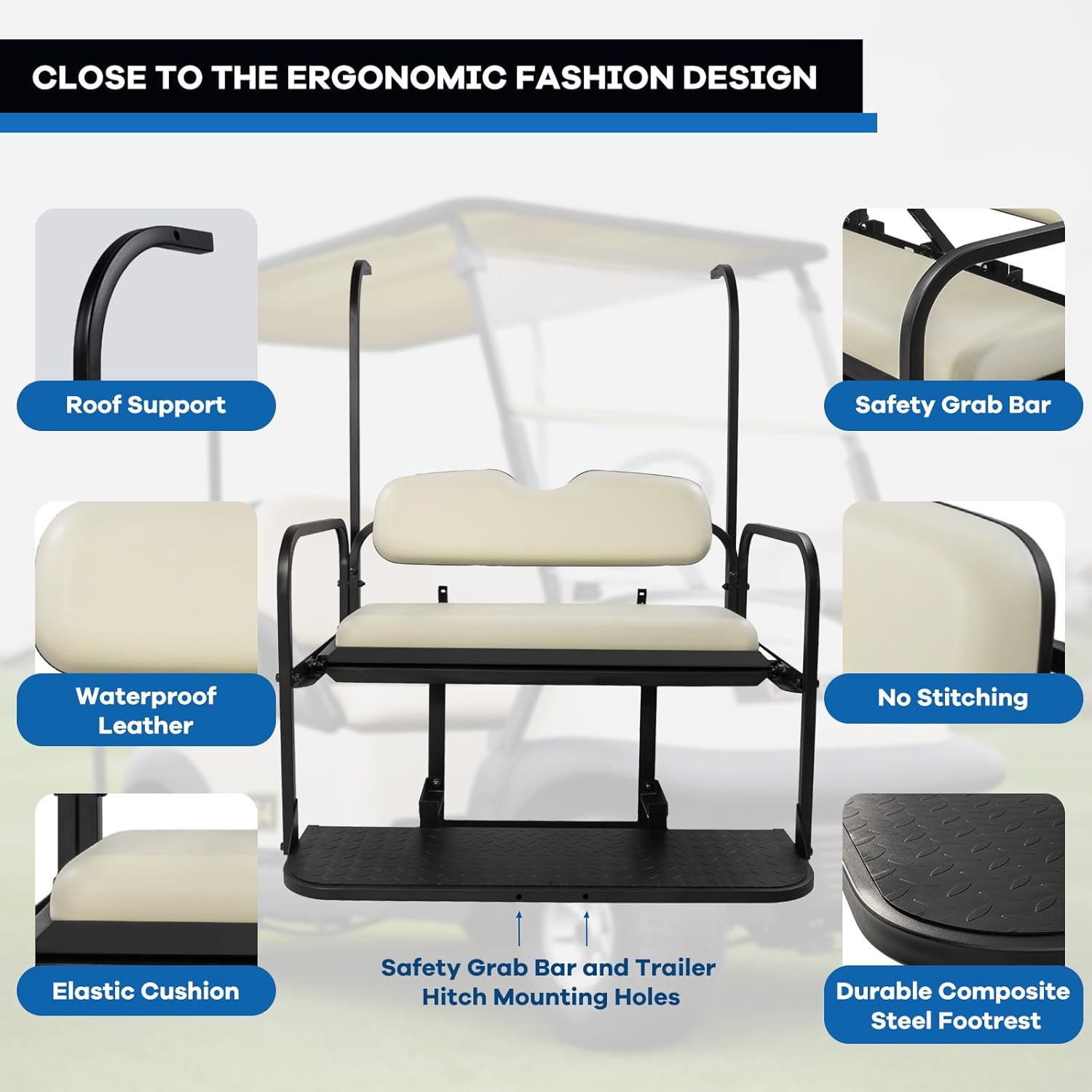 Golf Cart Rear Flip Seat Kit, Ivory Cushions, Black Powder-Coated Frame, Fit for YAMAHA G14 G16 G19 G22 Models, Plastic Footrest, Cooler Box Cutout