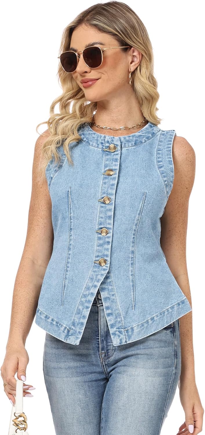 Women's Denim Vest Sleeveless Button Down Casual Jean Crewneck Waistcoat Denim Top - Image 6