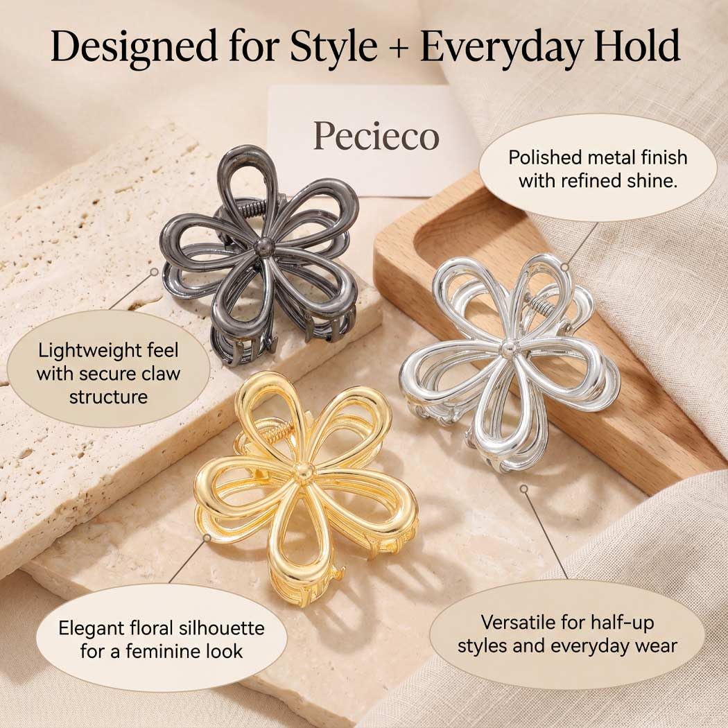 Gold Metal Hair Clips for Women Medium Flower Claw Clips Minimalist Decorative Hair Claw Clips (3 Pack)