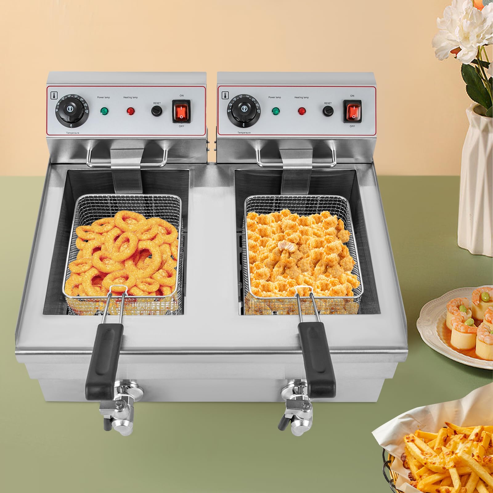 Double friteuse électrique, 2 x 10 l, en acier inoxydable, 6000 W, avec 2 paniers, réglage de la température, robinet d'écoulement et zone froide, friteuse gastronomique pour frites, poulet