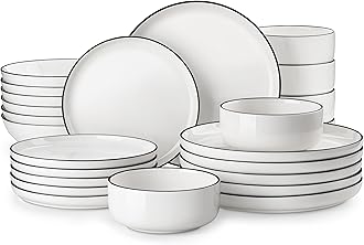 MALACASA Plates and Bowls Sets, 24 Pieces Porcelain Dinnerware Sets Dishware Sets Ceramic Dish Set Dining Dinner Ware Set for 6, White With Black Rim, Series LUNA