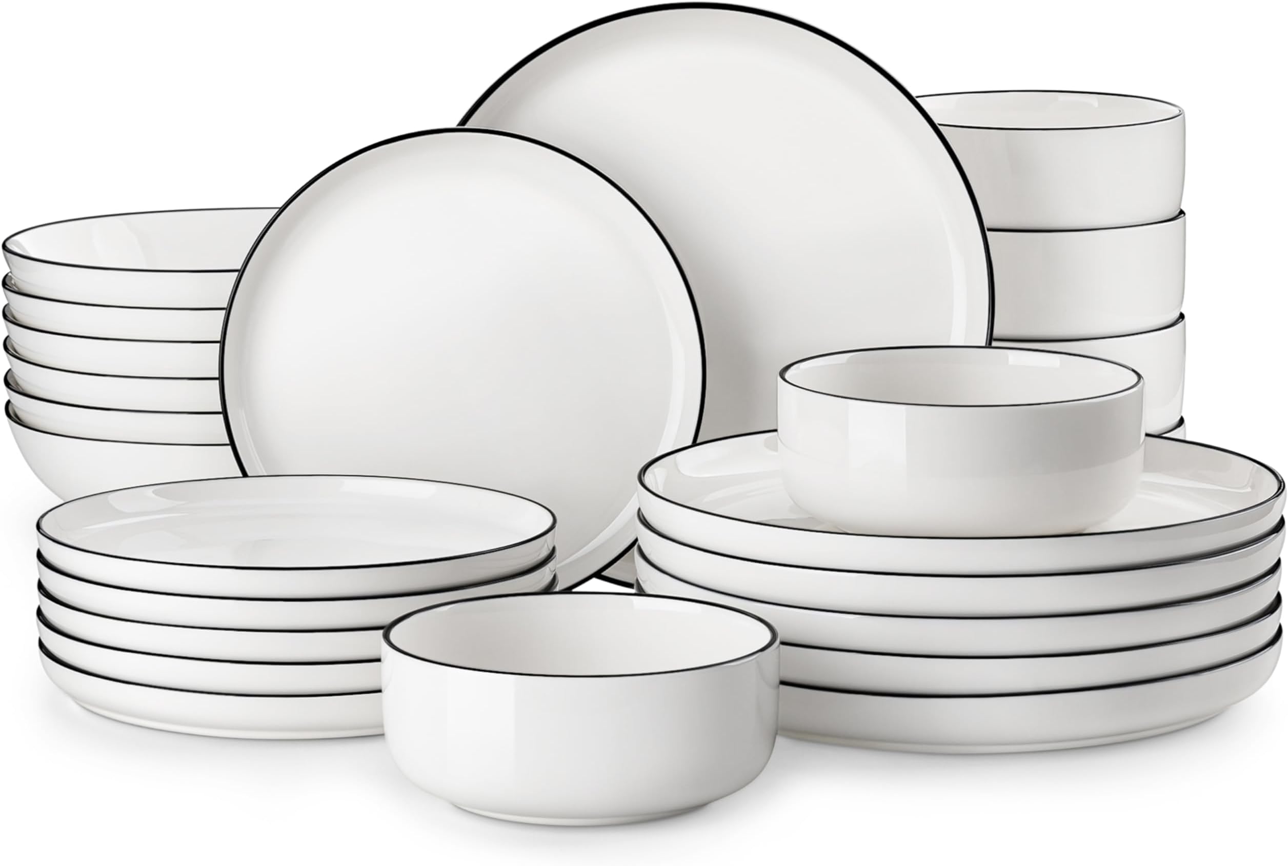 MALACASA Plates and Bowls Sets, 24 Pieces Modern Porcelain Dinnerware Set for 6 Ceramic Dishware Dishes White Kitchen Dinner Dining Ware Set wtih Black Rim Microwave and Dishwasher Safe, Series LUNA