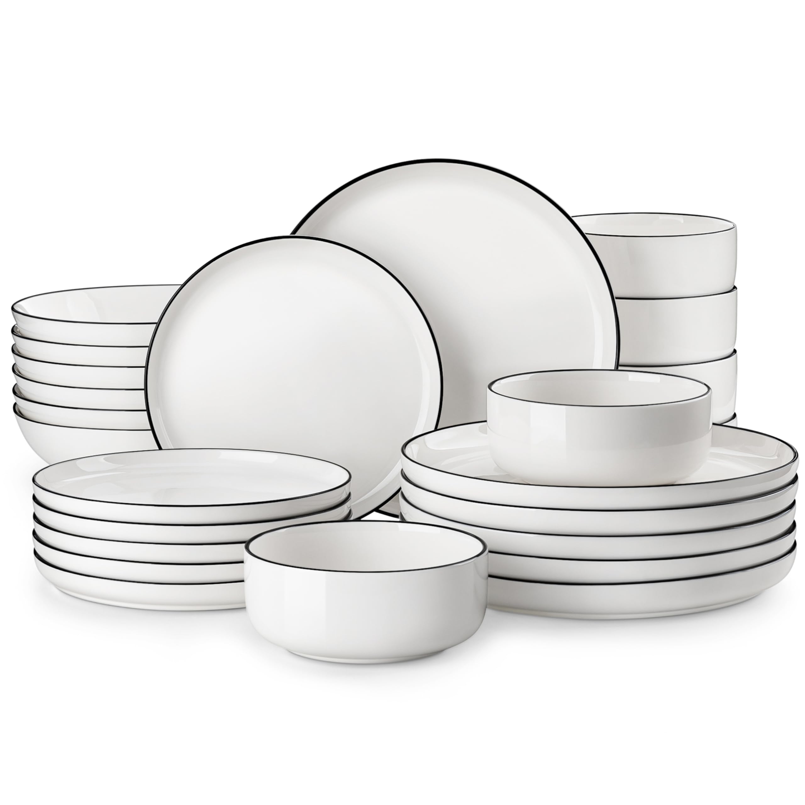 MALACASAPlates and Bowls Sets, 24 Pieces Porcelain Dinnerware Sets Dishware Sets Ceramic Dish Set Dining Dinner Ware Set for 6, White With Black Rim, Series LUNA