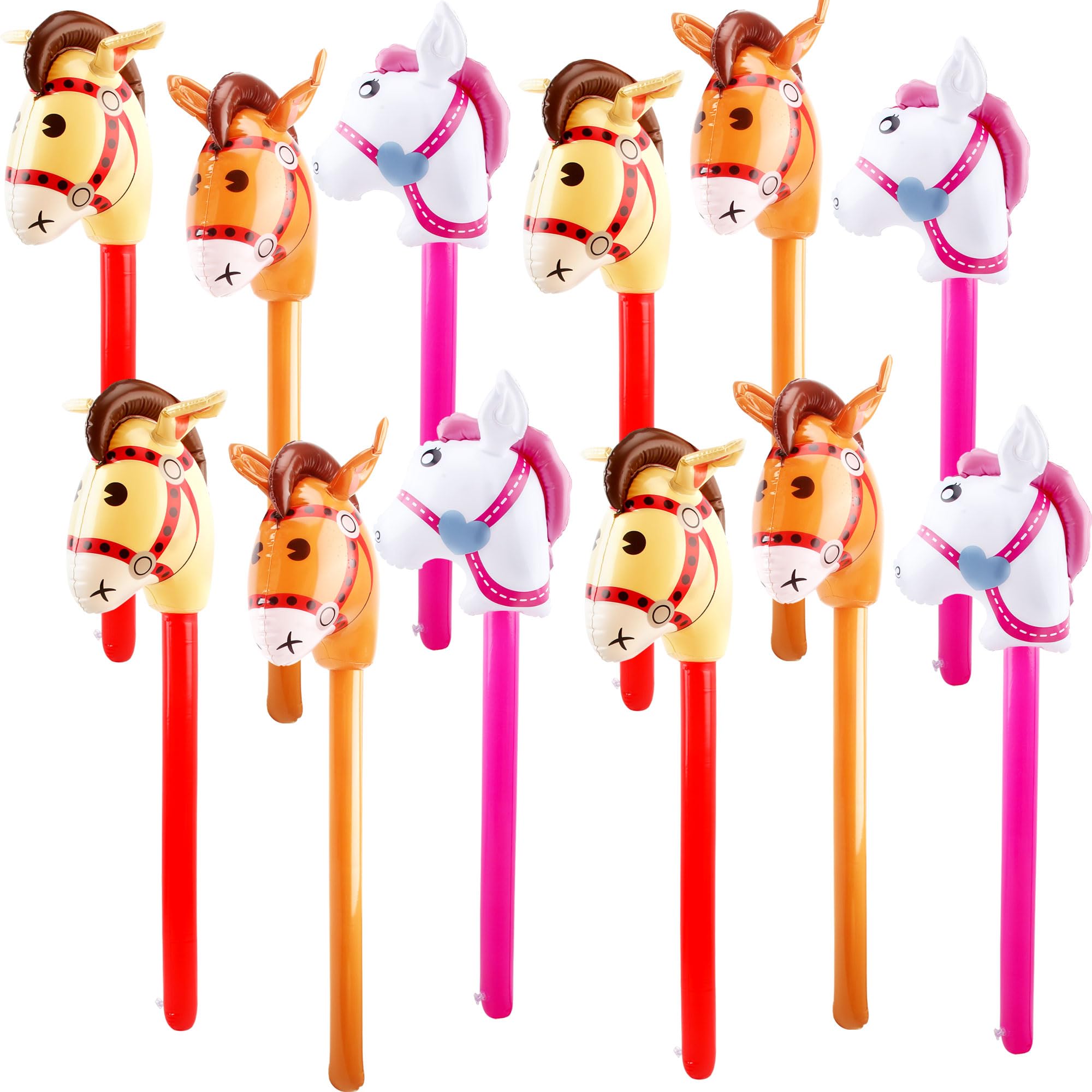 12 Pack Inflatable Stick Horse Bulk Colorful Inflatable Horsehead Stick Balloon Cute Blow Up Pony Stick for Kids Birthday Cowboy Horse Theme Party