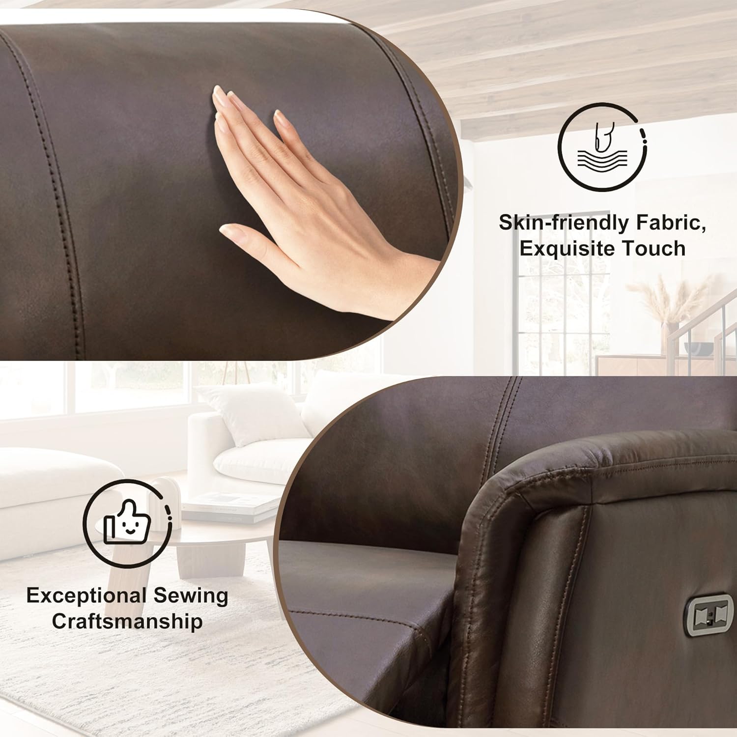 MROYAL Recliner Chair with USB & Type-C Port Faux Leather Recliner Chairs for Adults Recliner Sofa with Adjustable Footrest Recliner Chairs for Living Room, Office, Bedroom, Small Spaces, Walnut