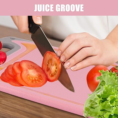 Miniatura 4 de Juego de 4 tablas de cortar de plástico para cocina, con patas antideslizantes y ranura profunda para jugo, mango de fácil agarre, aptas para