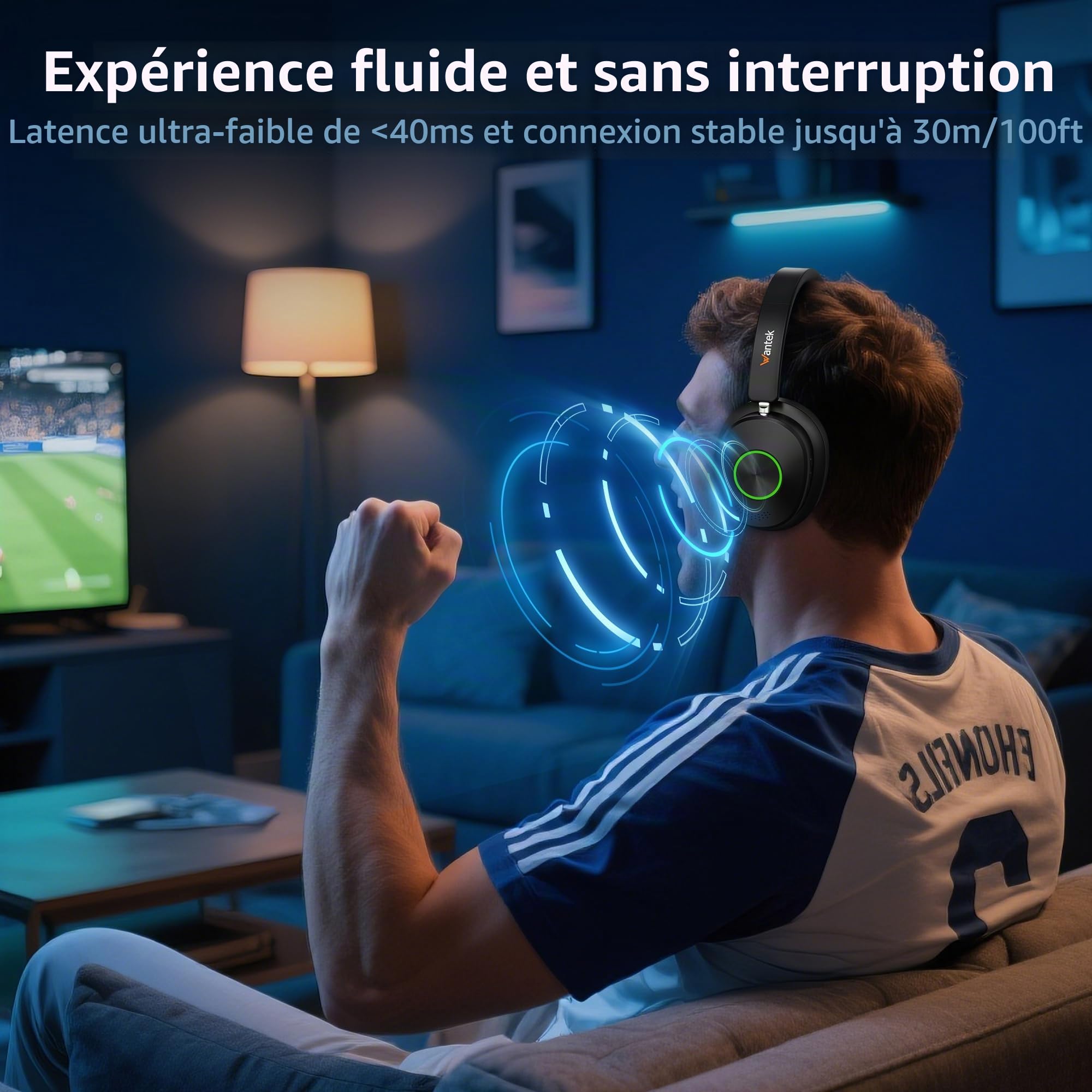 Wantek Bluetooth Casques TV sans Fil | <40ms Basse Latence & 30m Portée | 40h Autonomie & Charge Rapide | Compatible avec 99% des TVs (Optique/RCA/AUX) | Modes EQ & Microphone