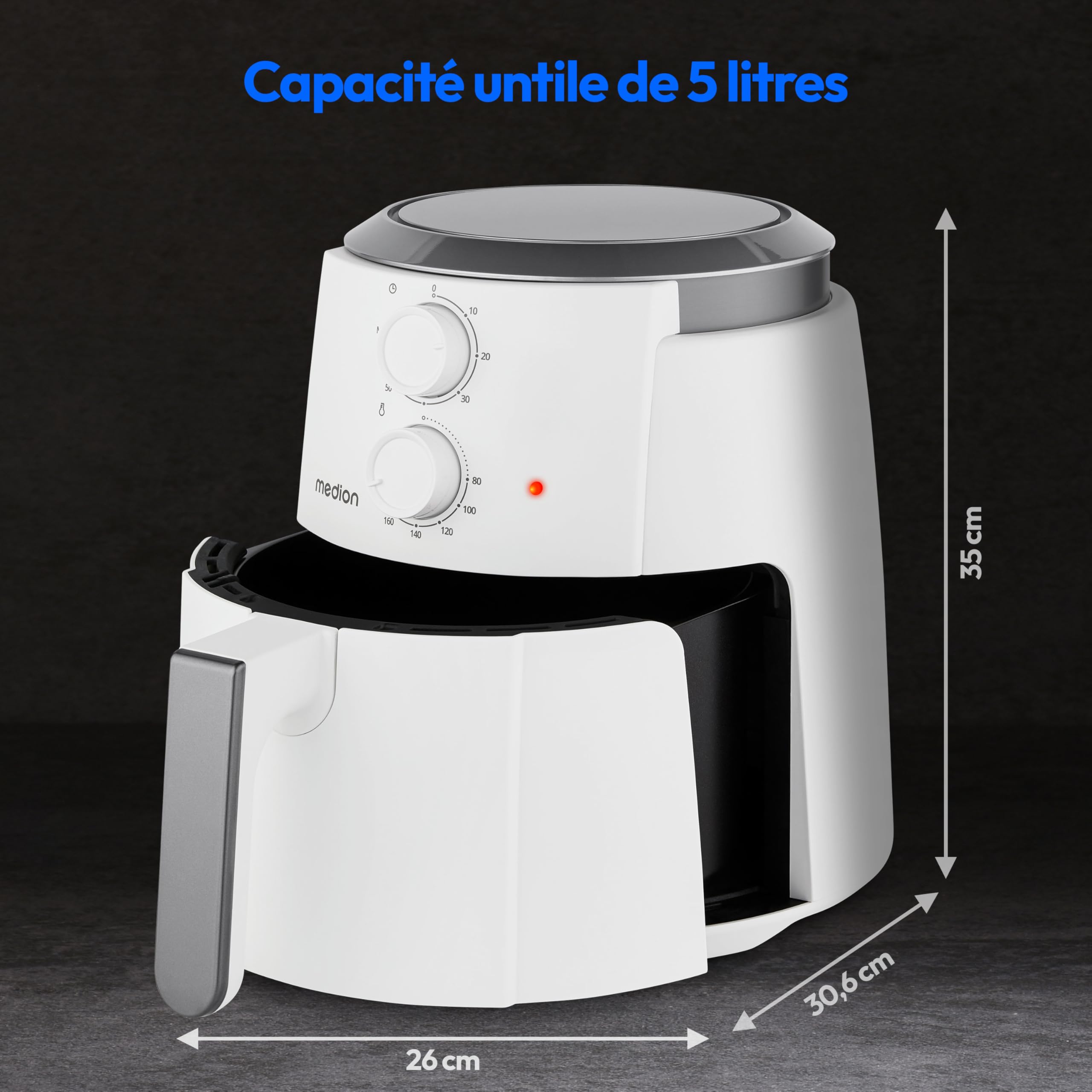 MEDION Air Fryer P30 L (4,7 L, 1500 W, petit et facile à utiliser avec les boutons rotatifs, minuteur de 60 min, jusqu'à 200°C) noir