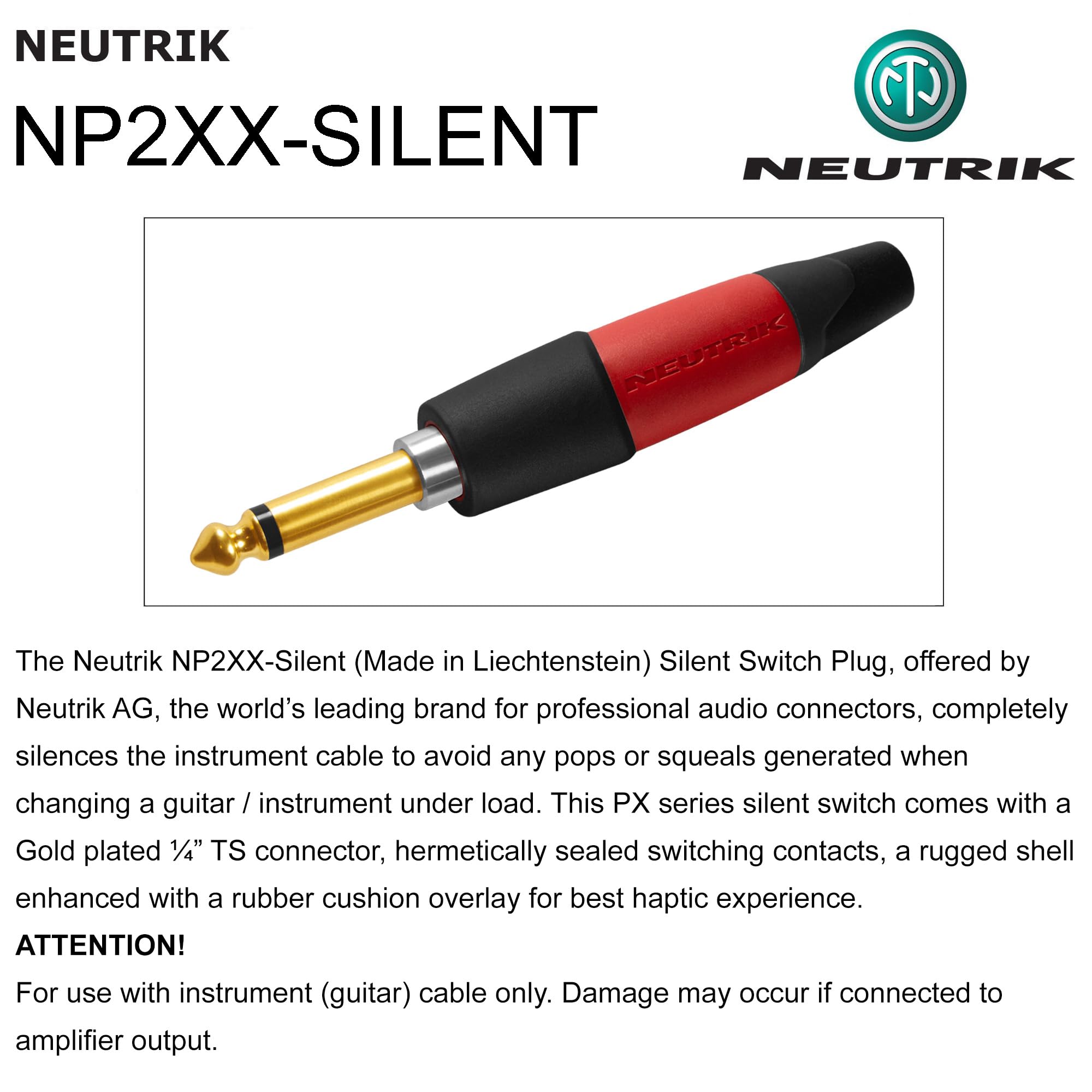 WBC-PRO-Guitarra de 10 pies – 20 AWG – Baja tapa (18pF/ft) – Grado profesional – a base de grafito – Cable de instrumento de guitarra de doble blindaje con Neutrik recto (SilentPLUG) ¼ pulgadas (6.35