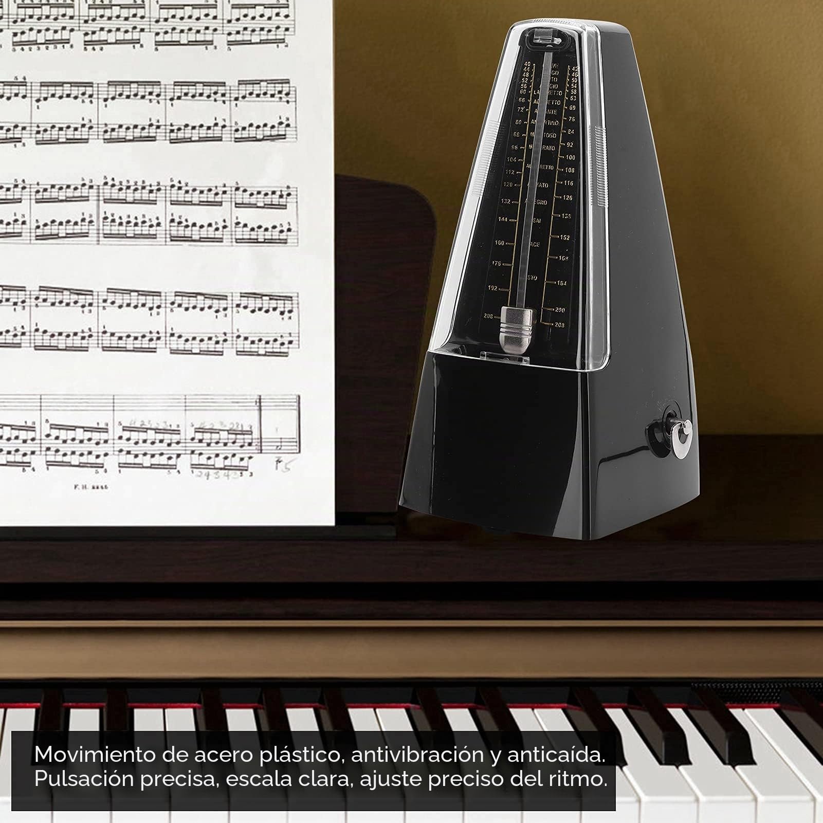Fafeims Metrónomo Mecánico para Piano, Violín, Bajo y Batería – Temporizador Musical Ajustable con 40–208 BPM, Diseño Clásico Negro sin Pilas, Ideal para Estudiantes, Profesores y Mú