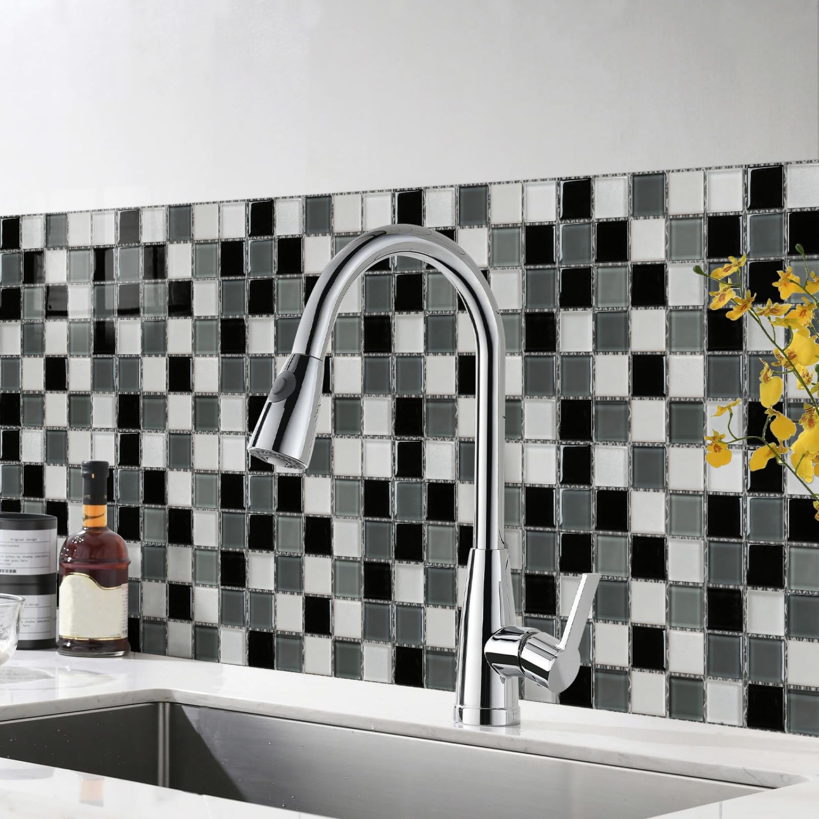 Self Adhesive Wall Tiles Black and White Mosaic Stick on Thicker Peel Backsplash for Kitchen Bathroom Tile Stickers