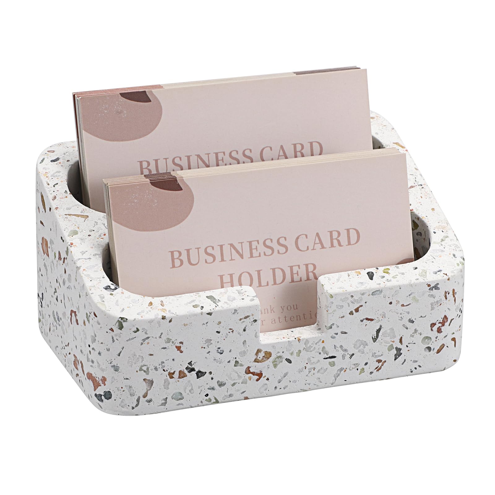Hipiwe Business Card Holder Stand for Desk, 2 Slots Terrazzo Business Name Card Display Stand for Women Men Desktop Concrete Business Card Organizer