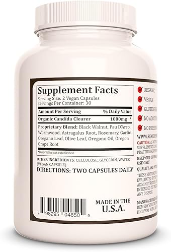 Miniatura 2 de Remedy's nutrition Candida Clearer  1,000 mg, 60 cápsulas veganas Suplemento dietético herbario patentado  Suministro para dos meses