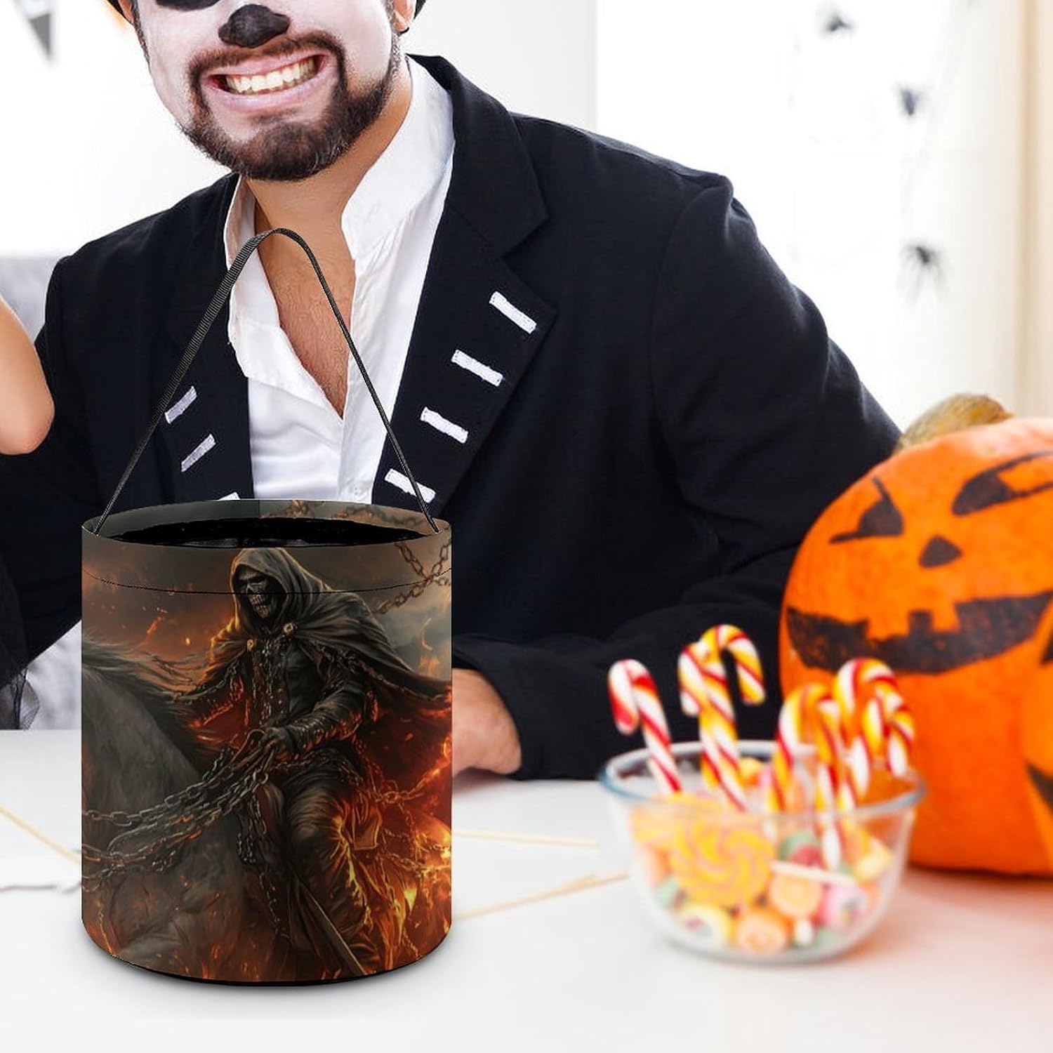 Grim Reaper in Horse Flames Halloween Treat Bag Reusable Candy Basket Tote Goody Bags Gift Party